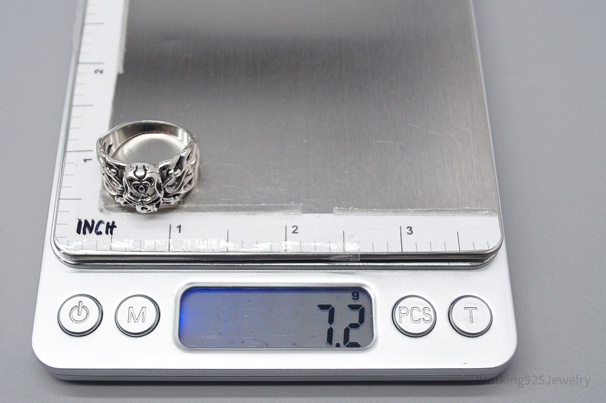Vintage Detailed Flaming Skull & Cross Bones Sterling Silver Ring - Size 8.75