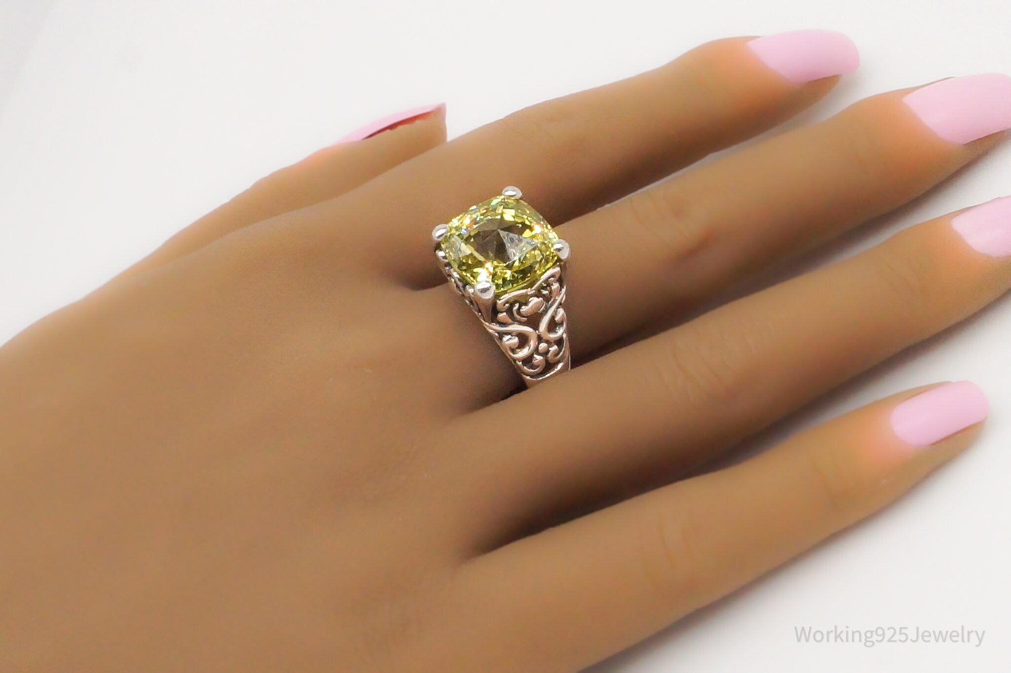 Vintage Large Yellow Cubic Zirconia Sterling Silver Ring - Size 8