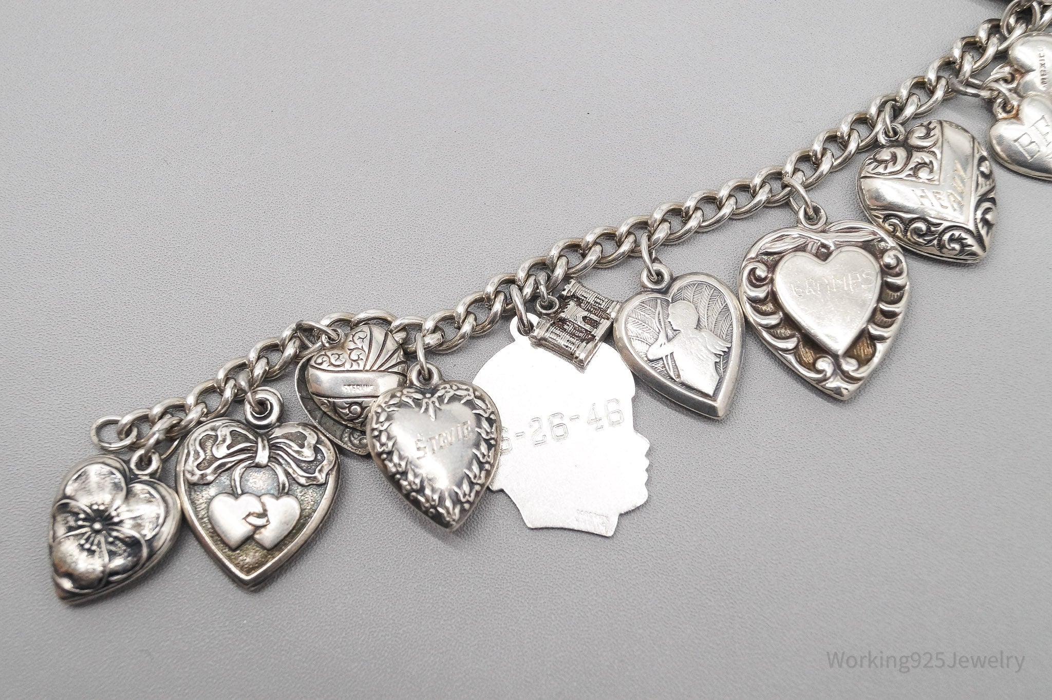 Antique Vintage Puffy Hearts Charms Sterling Silver Charm Bracelet