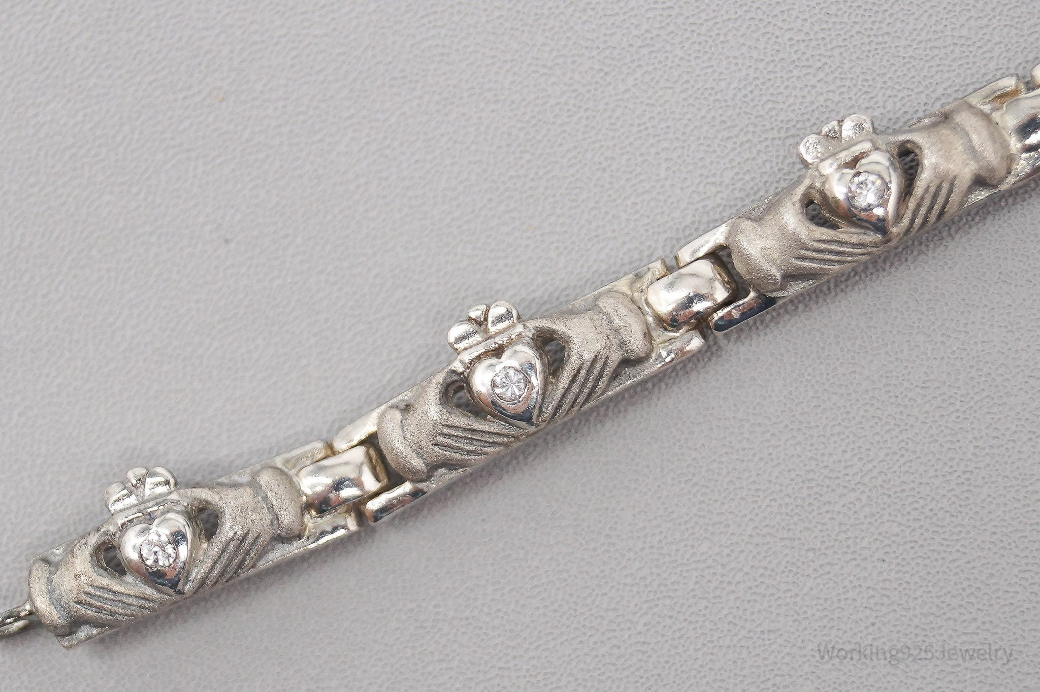 Vintage Ireland Cubic Zirconia Claddagh Sterling Silver Bracelet - 7.5"