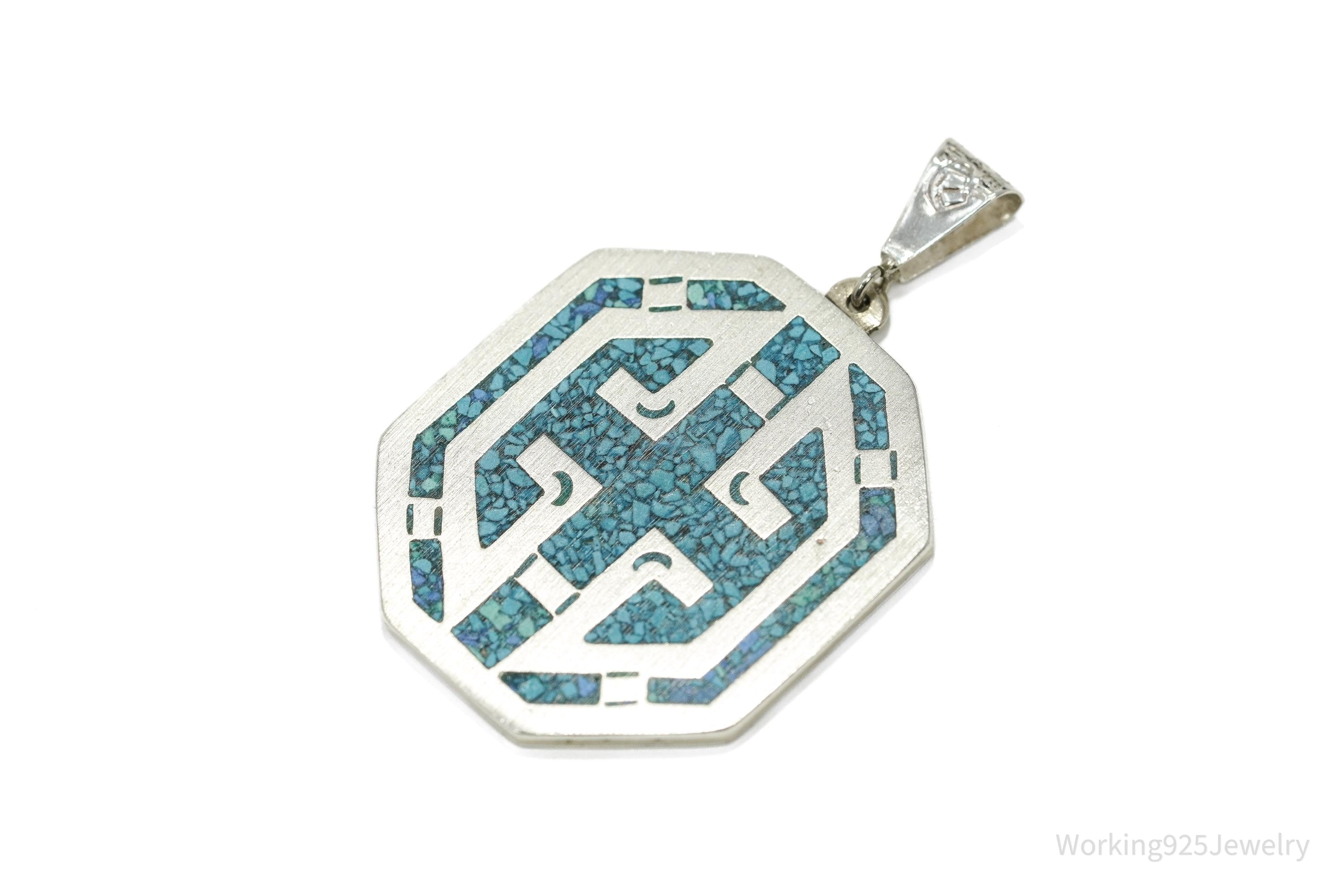 Vintage Large Mexico Inlay Reversible Sterling Silver Necklace Pendant