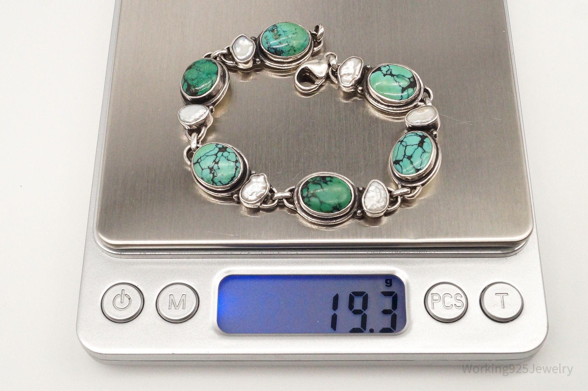 Vintage Turquoise Pearl Sterling Silver Bracelet