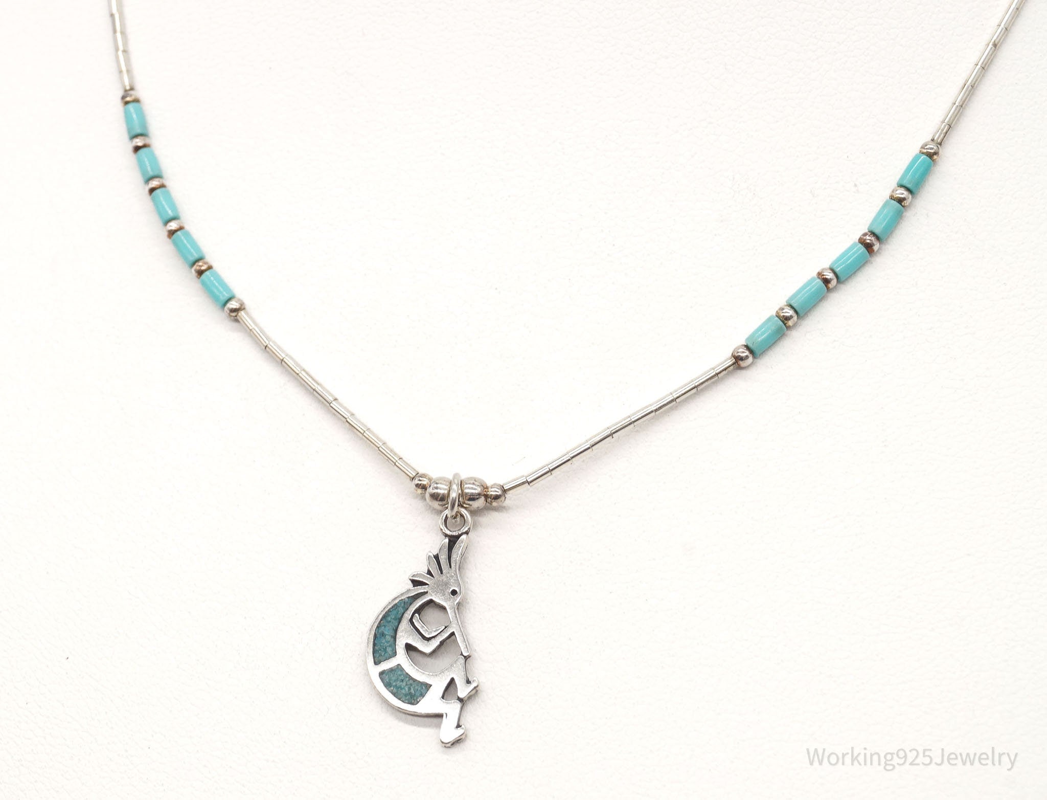 Vintage Native America Turquoise Dancing Kokopelli Sterling Silver Necklace