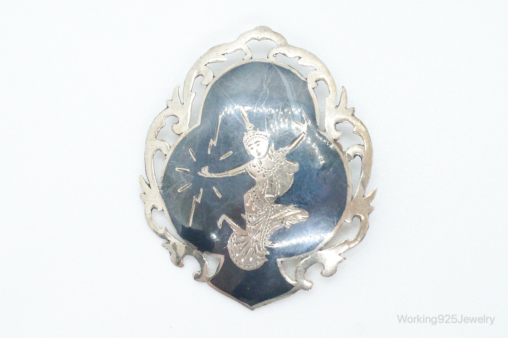 Vintage SIAM Goddess Dancers Enamel Sterling Silver Brooch Pin