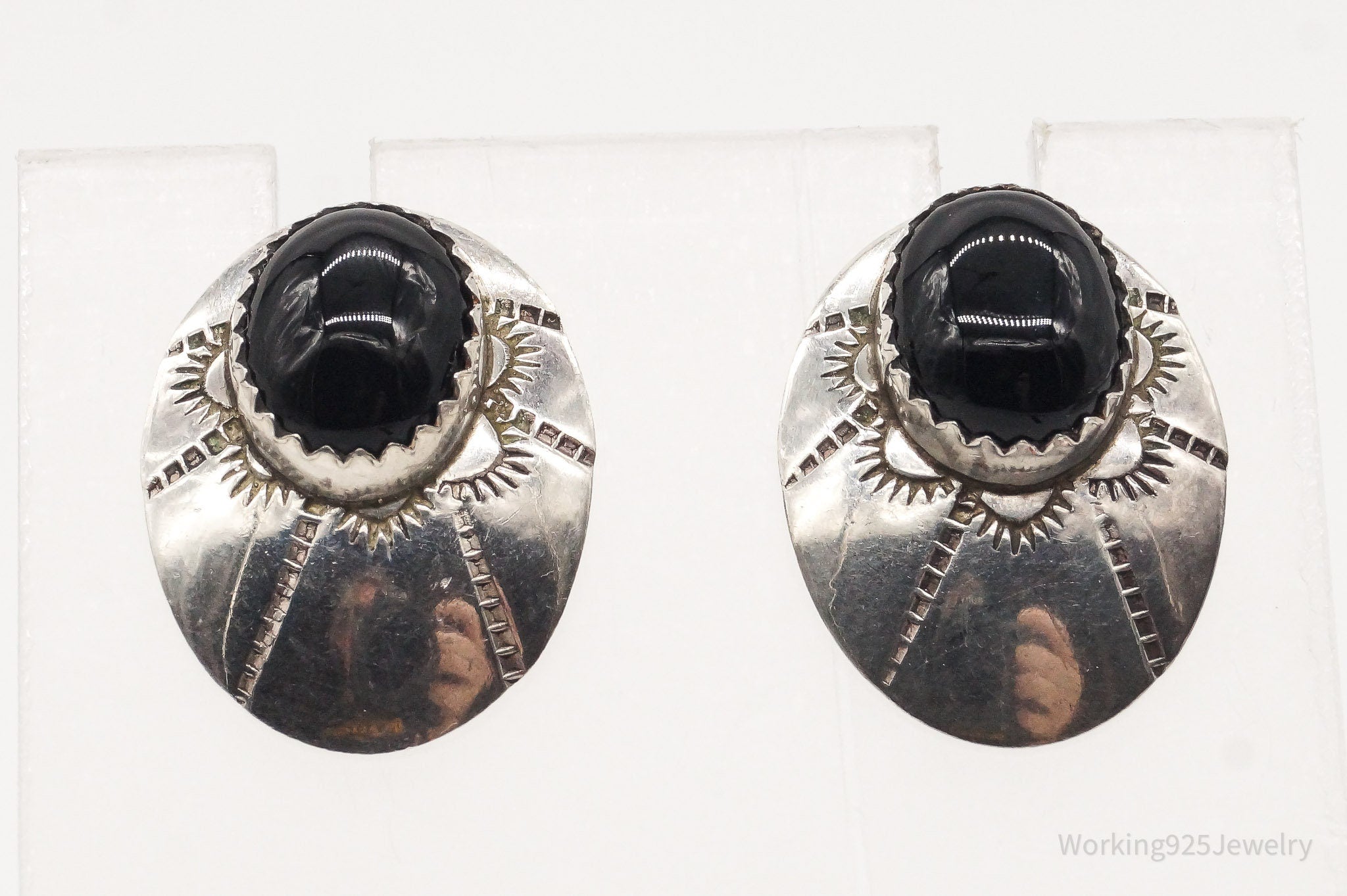 Vintage Native American Black Onyx Silver Earrings