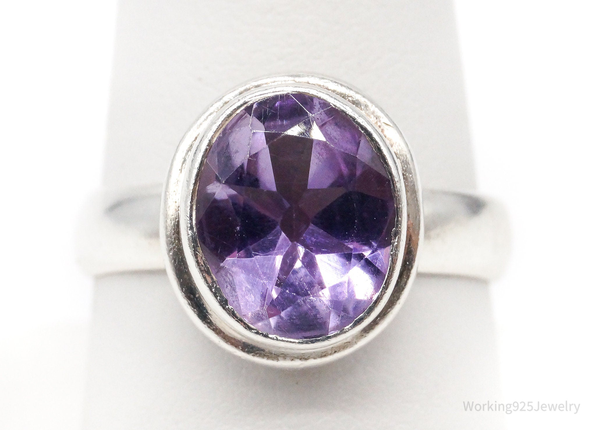 Vintage Large Amethyst Sterling Silver Ring - Size 8.75