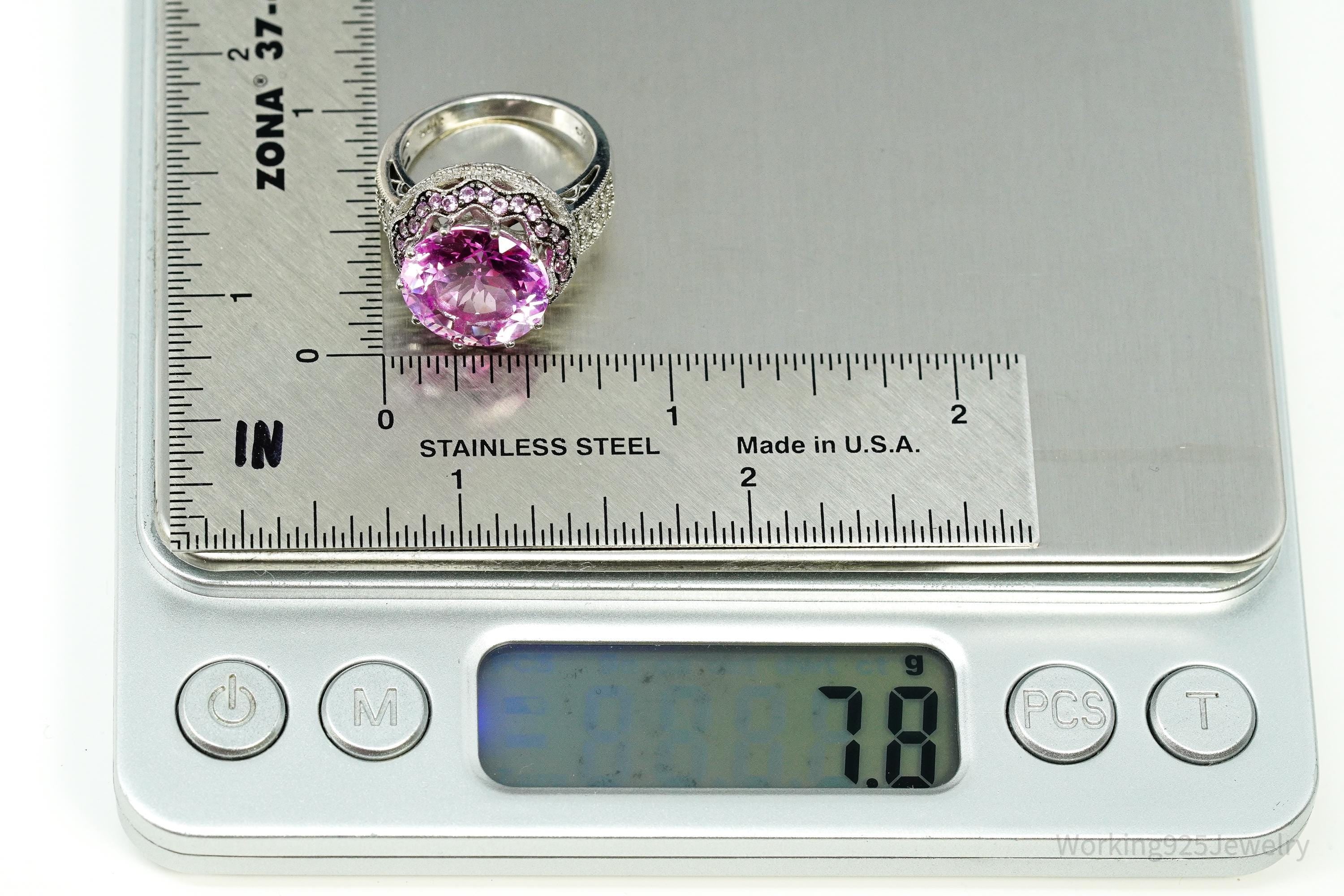 Vintage Large Pink & White Sapphire Sterling Silver Ring - Size 6.5