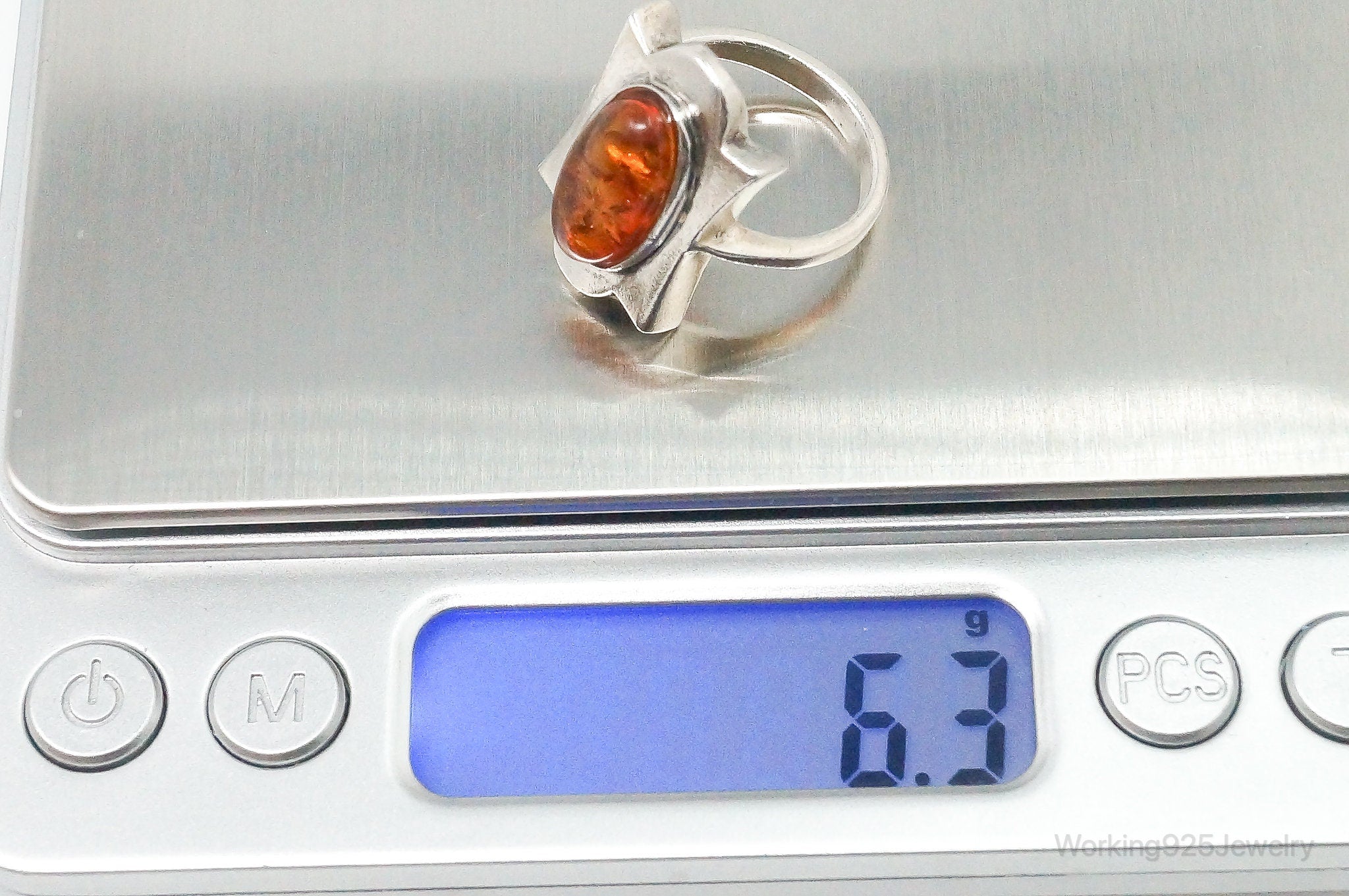 Vintage Large Baltic Amber Sterling Silver Ring - Size 6.75