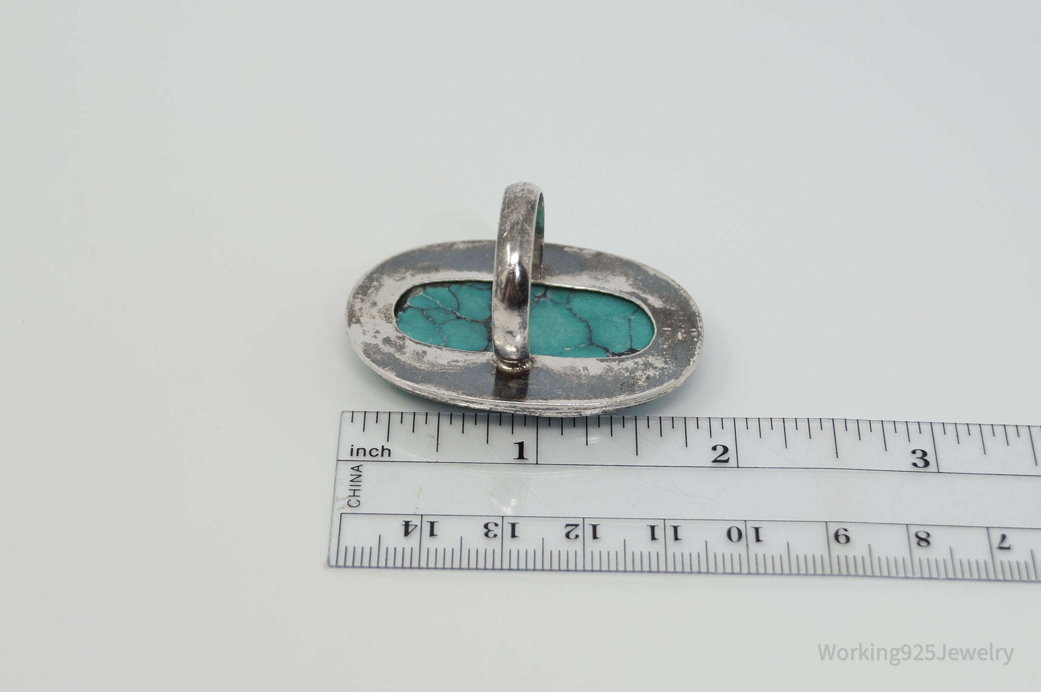 Vintage Native American Unsigned Large Turquoise Sterling Silver Ring - Sz 10.75