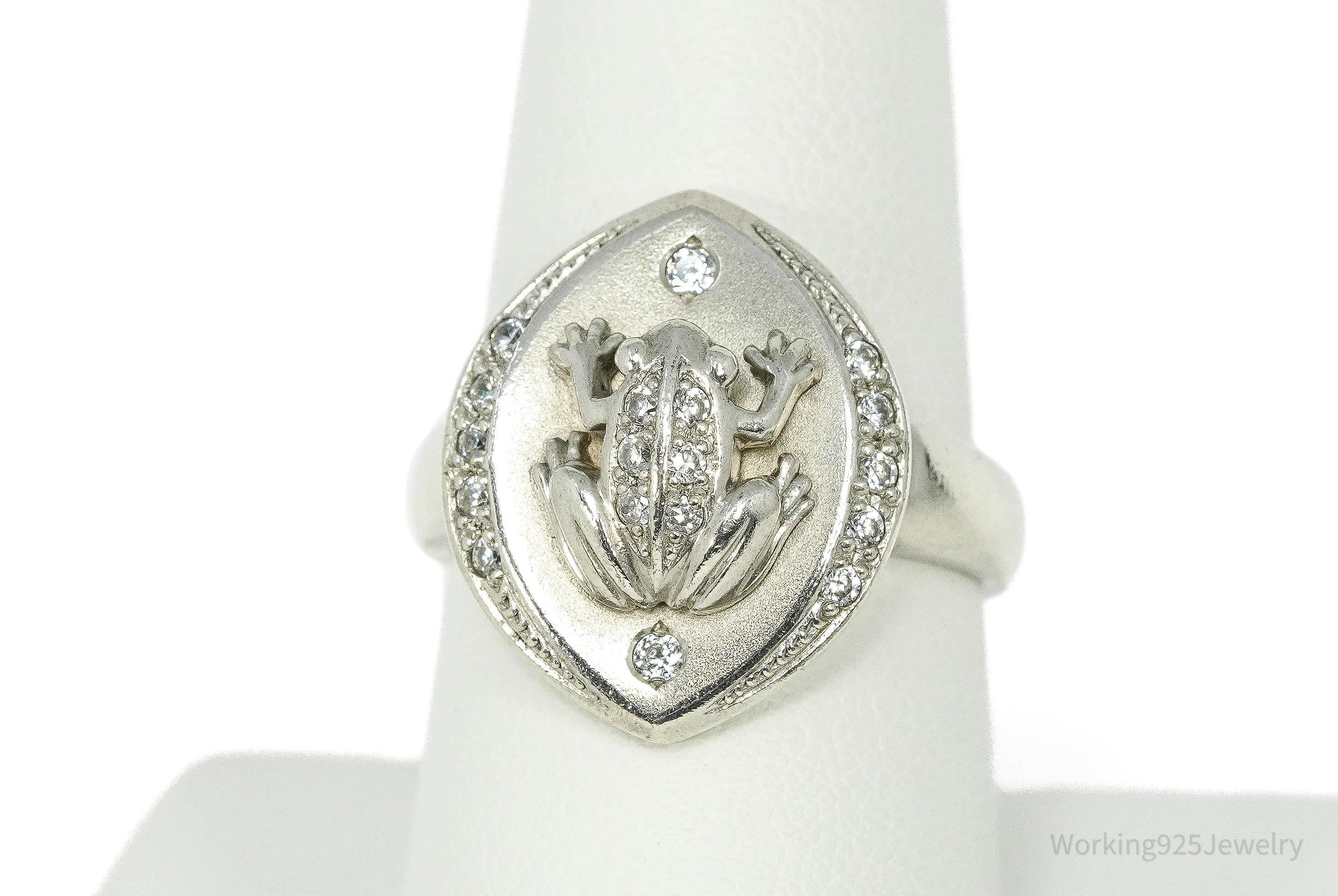 Vintage Frog Cubic Zirconia Sterling Silver Ring - Size 8.25