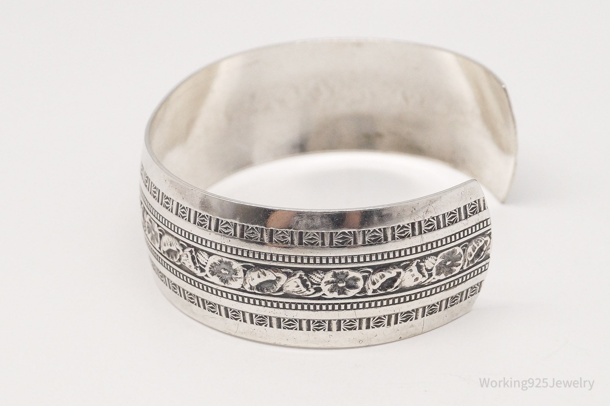 Antique Designer Danecraft Floral Sterling Silver Wide Cuff Bracelet 6.75"