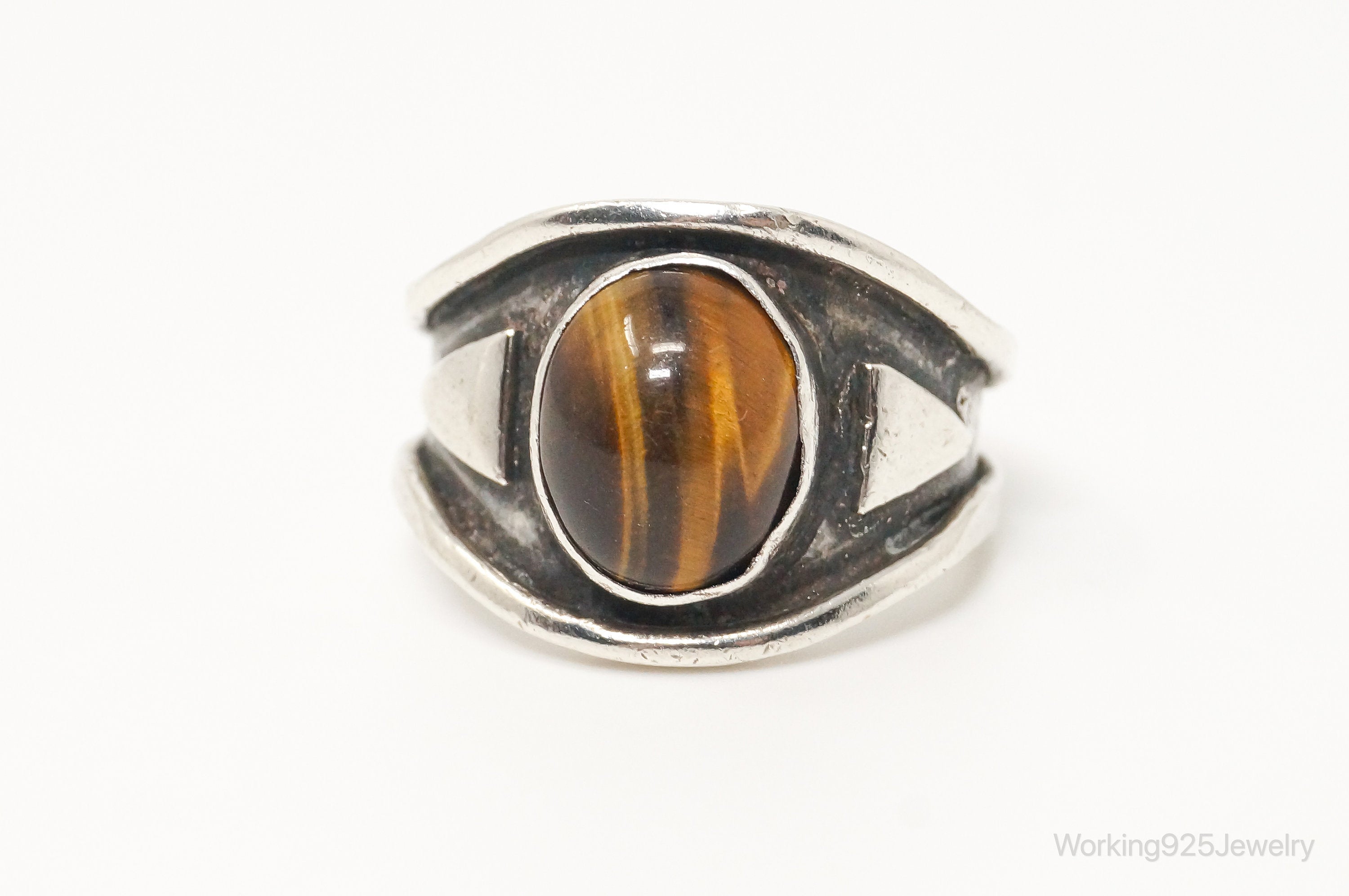 Vintage Native American Tigers Eye Unsigned Sterling Silver Ring - Sz 10