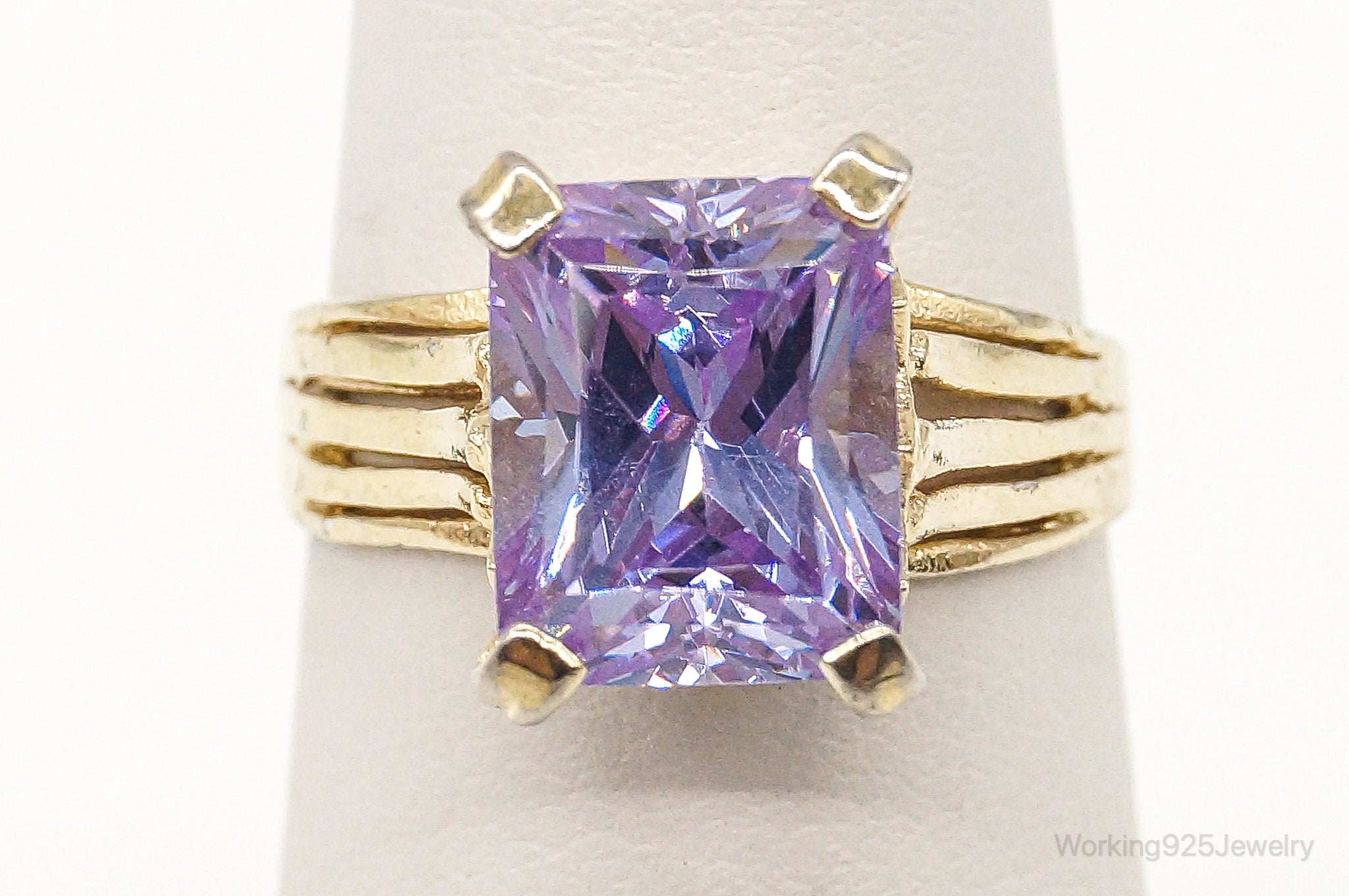 Vintage Purple & White Cubic Zirconia Gold Vermeil Sterling Silver Ring - Size 6