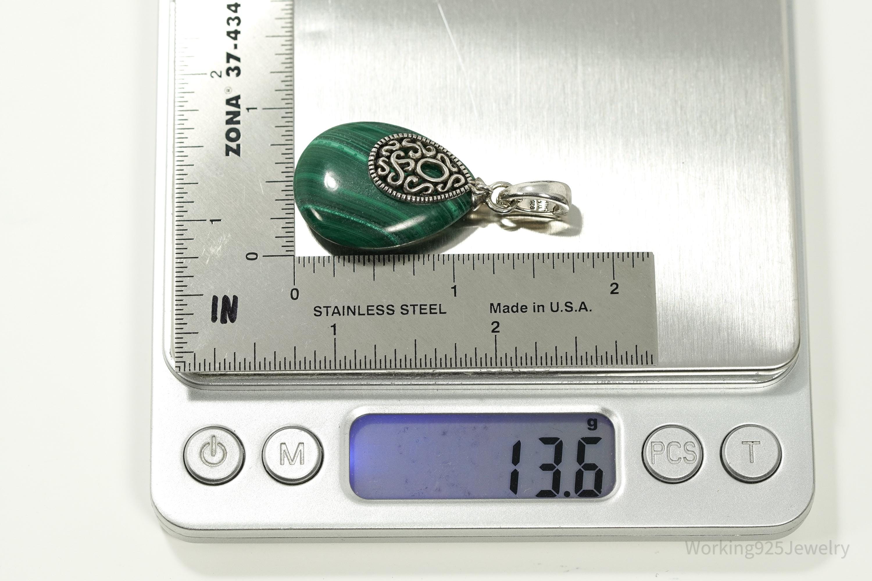 Large Whitney Kelly Teardrop Malachite Pendant • Vintage Sterling Silver Jewelry