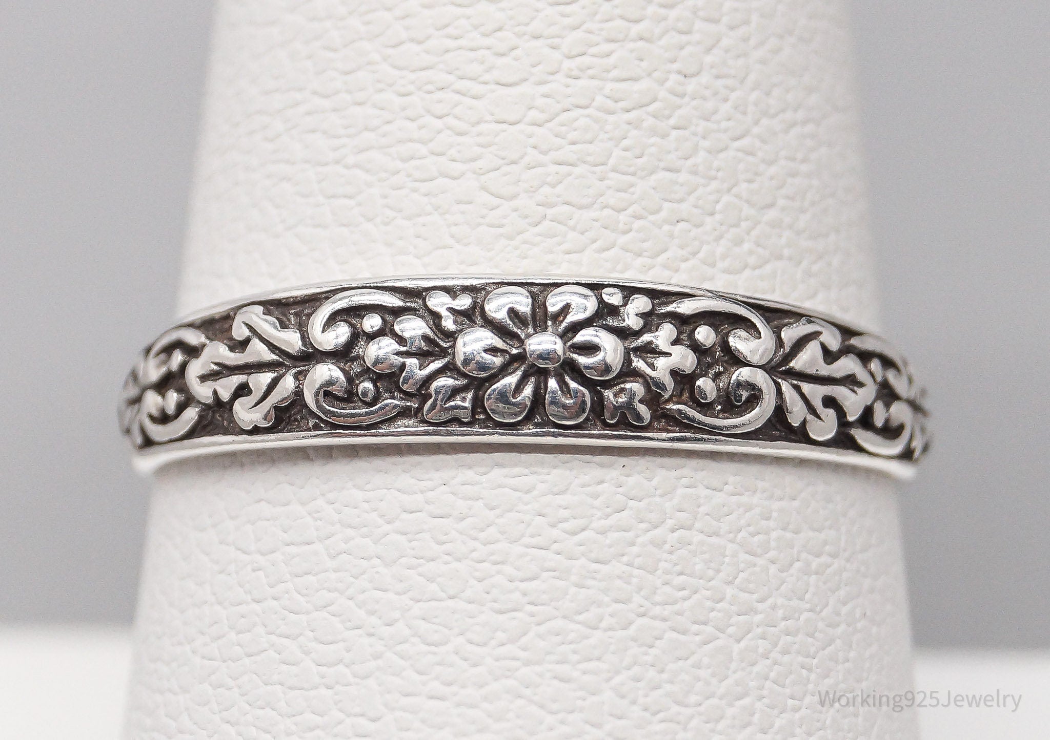 Vintage Art Nouveau Floral Style Sterling Silver Band Ring - Size 9