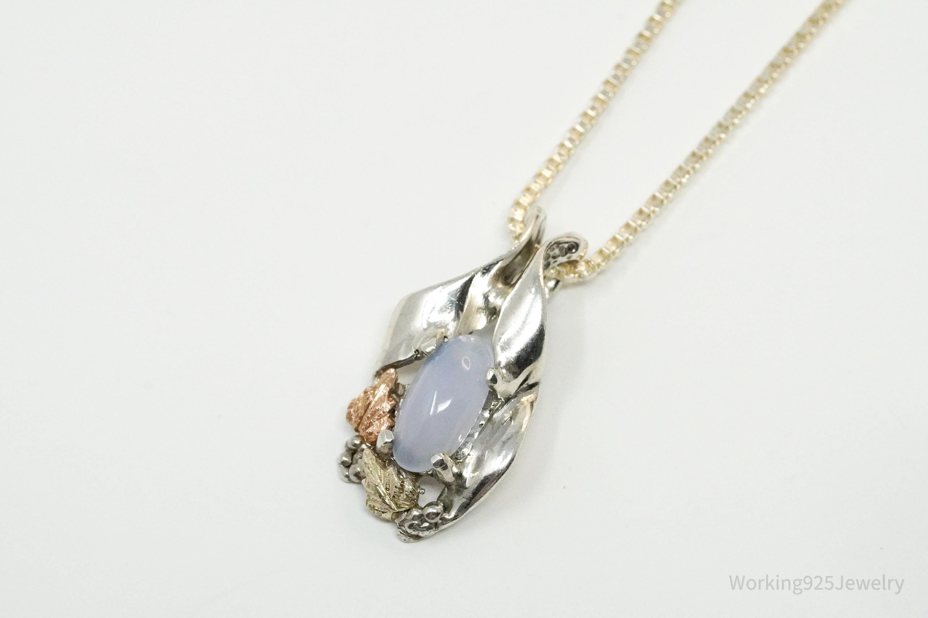 Vintage Blue Chalcedony Black Hills Gold Sterling Silver Necklace 18"