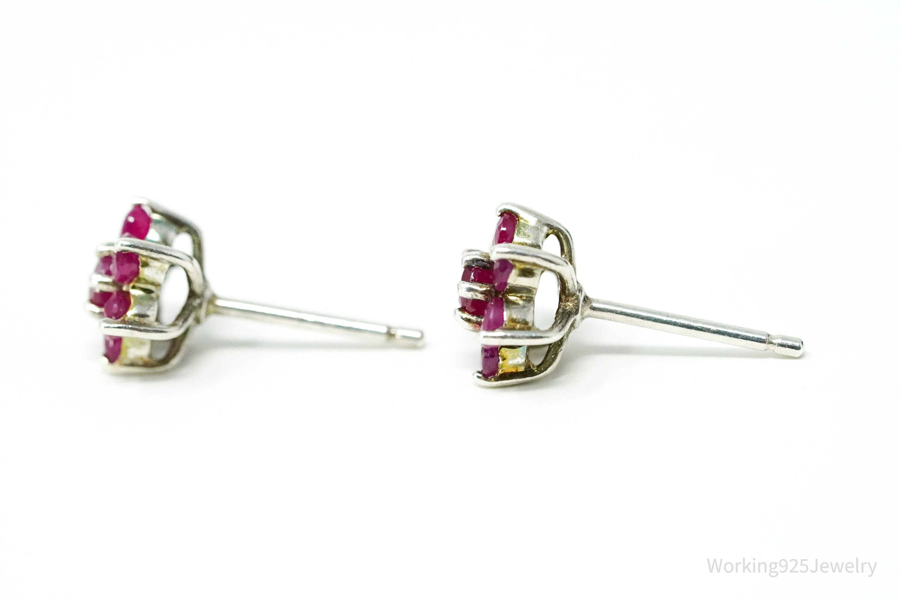 Vintage Ruby Flower Silver Earrings