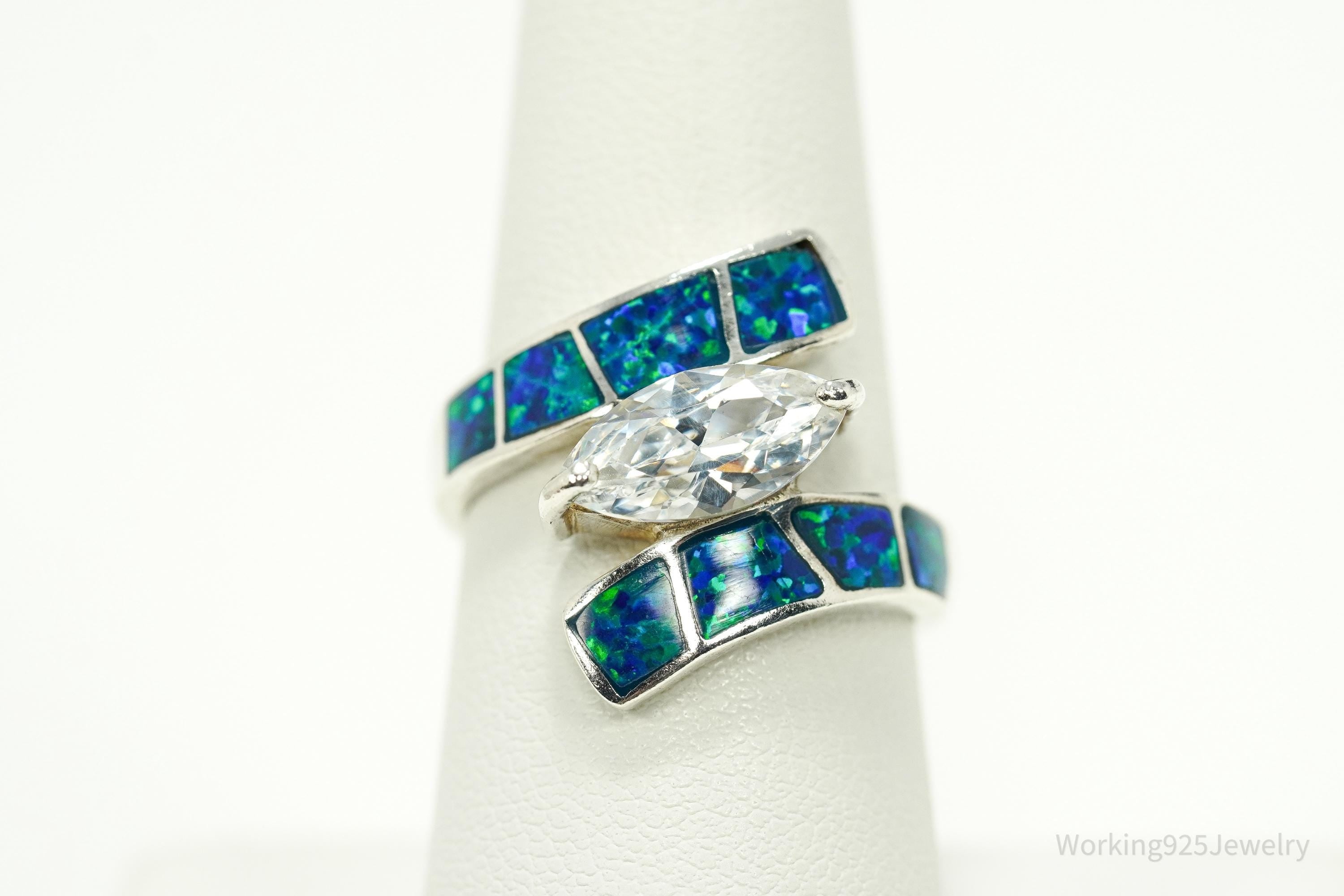 Vintage Cubic Zirconia & Opal Inlay Sterling Silver Ring - Size 8
