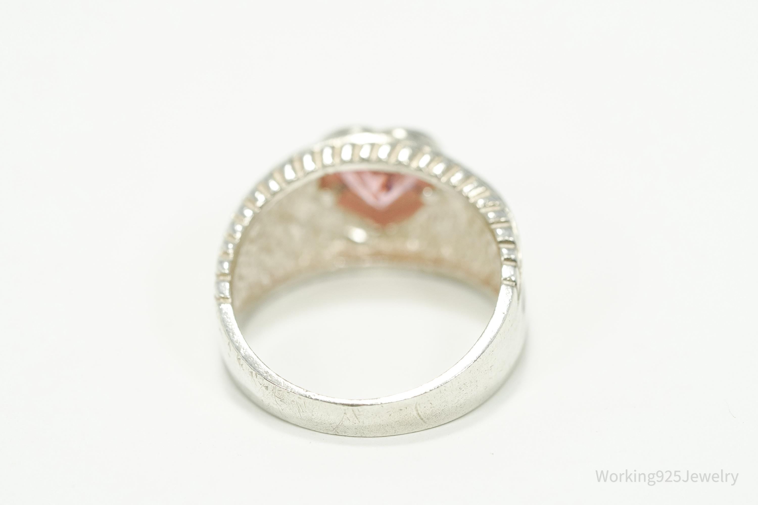 Vintage Pink Cubic Zirconia Heart Sterling Silver Ring - Size 7