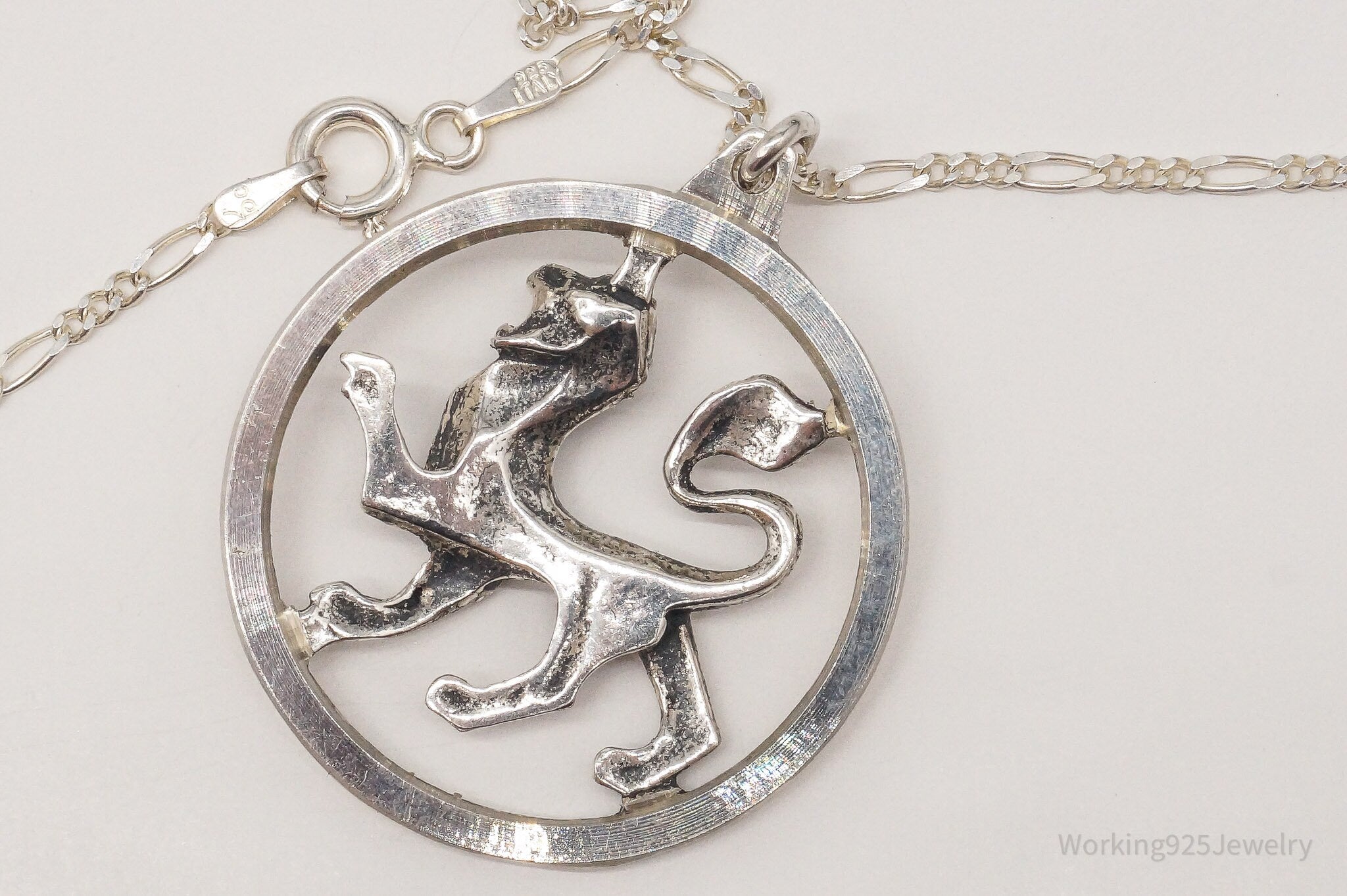 Vintage Large Lion Sterling Silver Necklace 18"