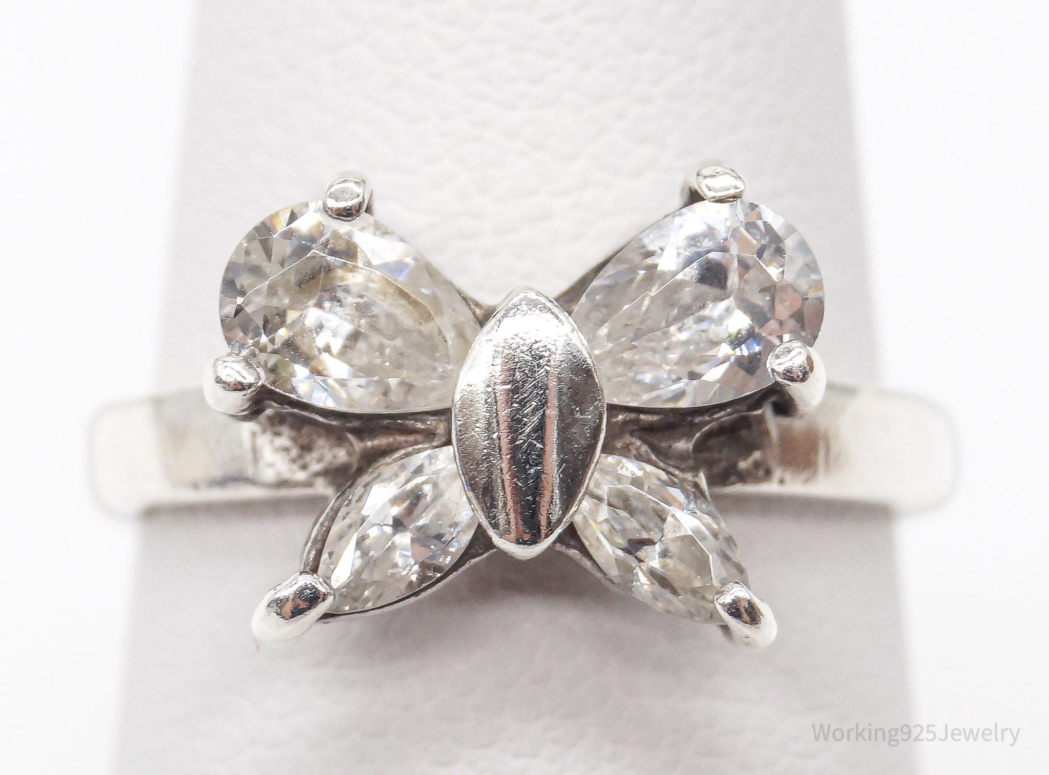 Vintage Cubic Zirconia Butterfly Sterling Silver Ring - Size 6