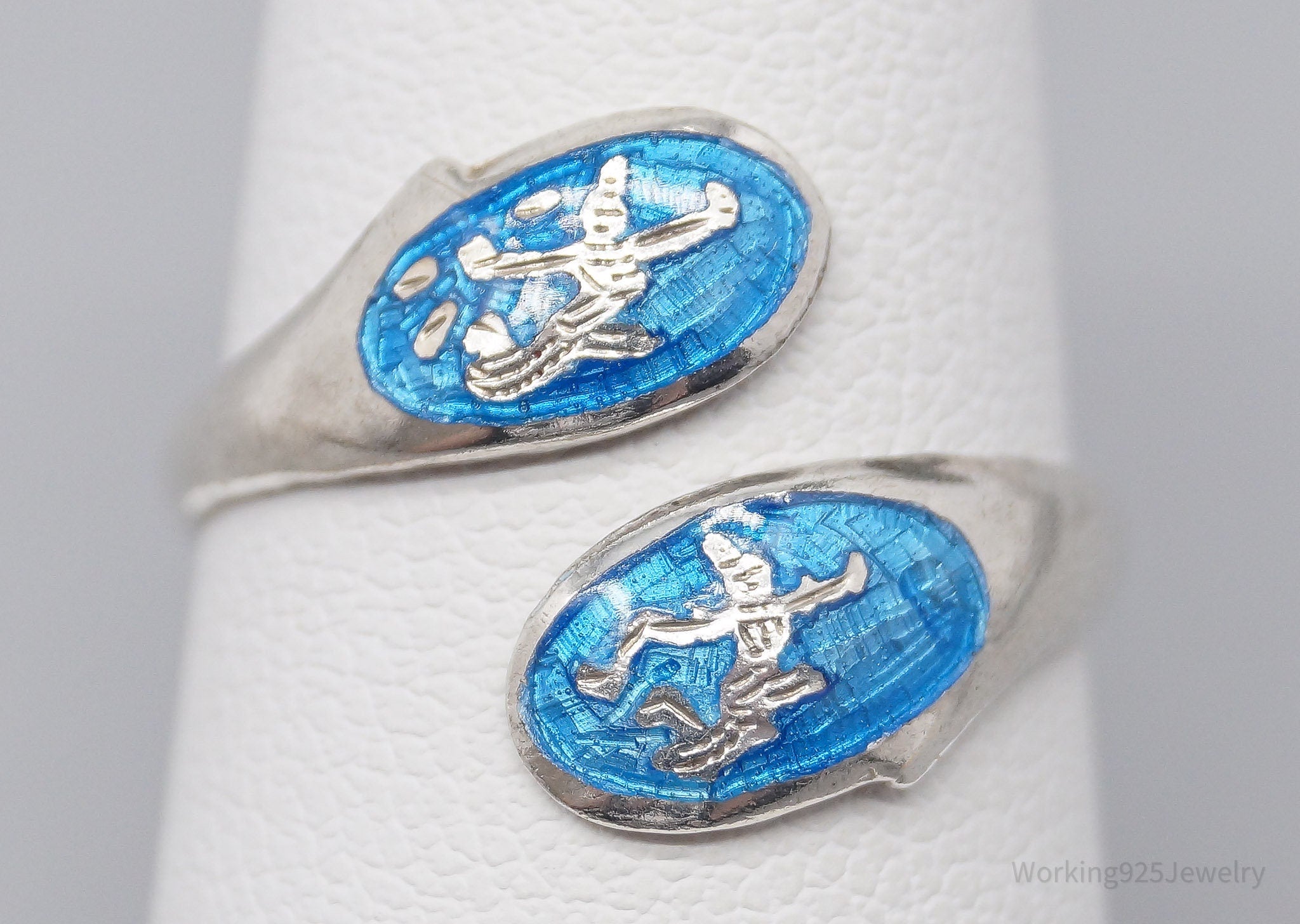 Vintage Blue Enamel Dancers Sterling Silver Wrap Ring - Size 7.25 Adjustable