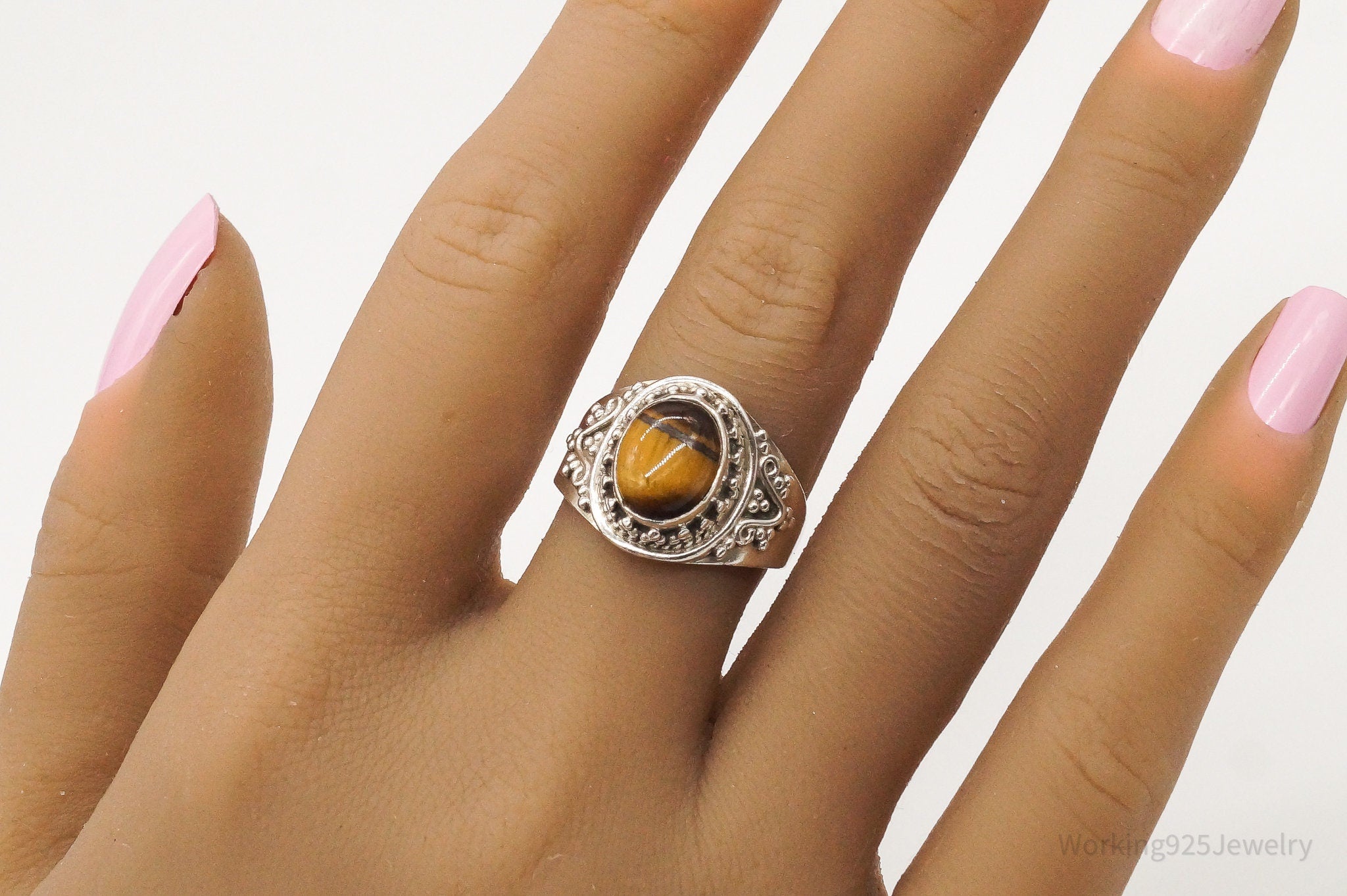 Vintage Tigers Eye Sterling Silver Ring - Size 9.25