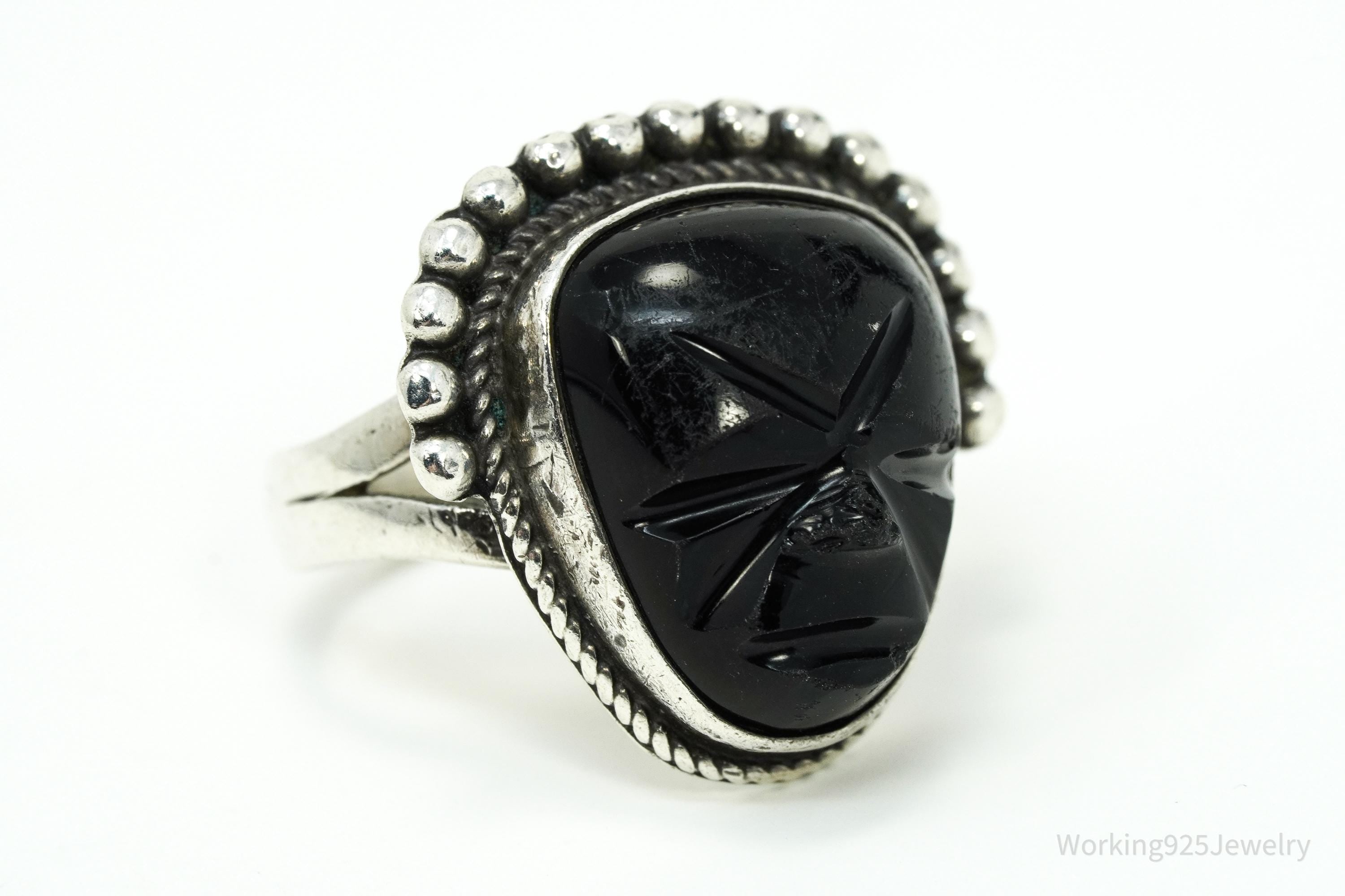 Vintage Mexican Carved Black Onyx Mask Silver Ring - Size 7.75