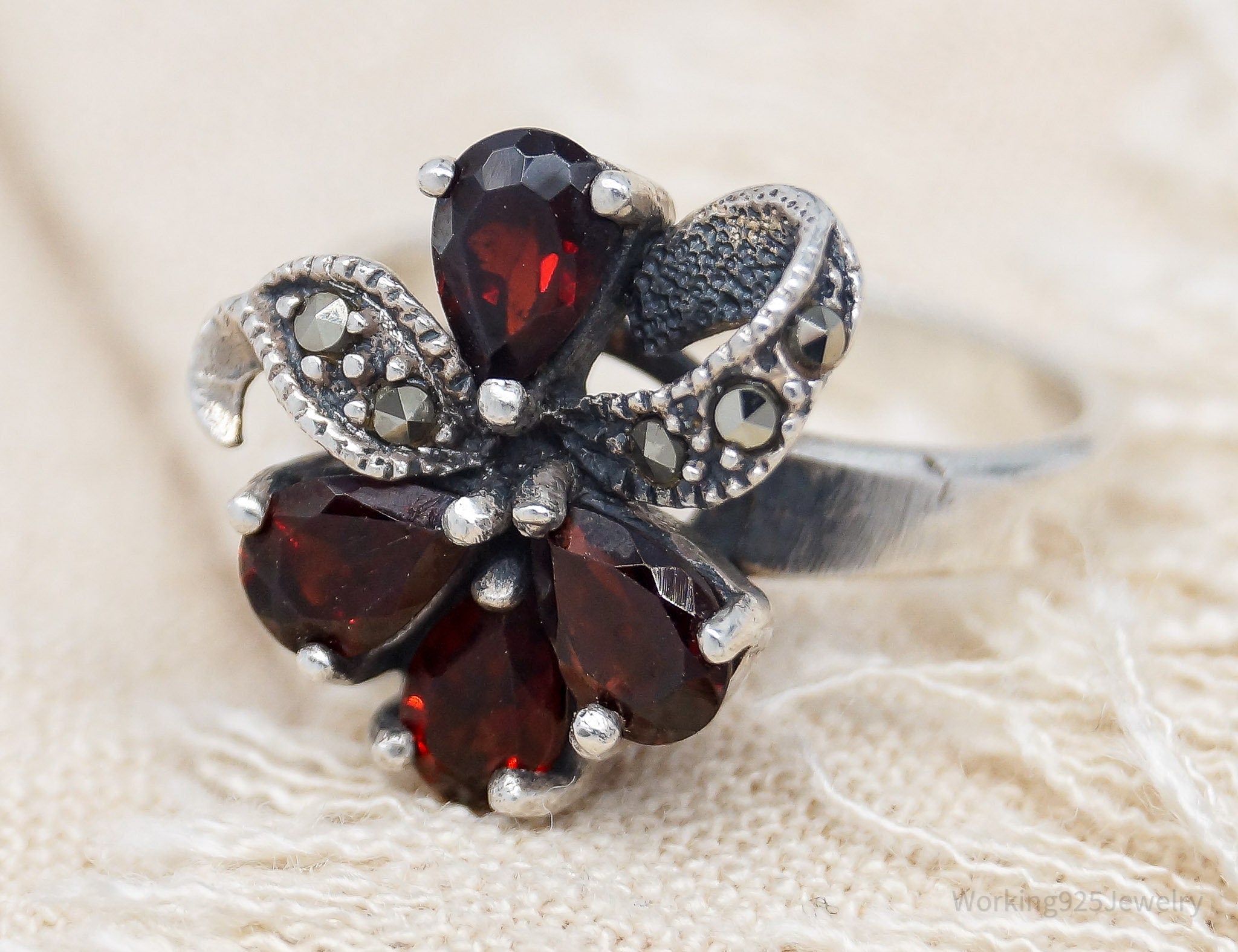 Vintage Garnet Marcasite Sterling Silver Ring - Size 7