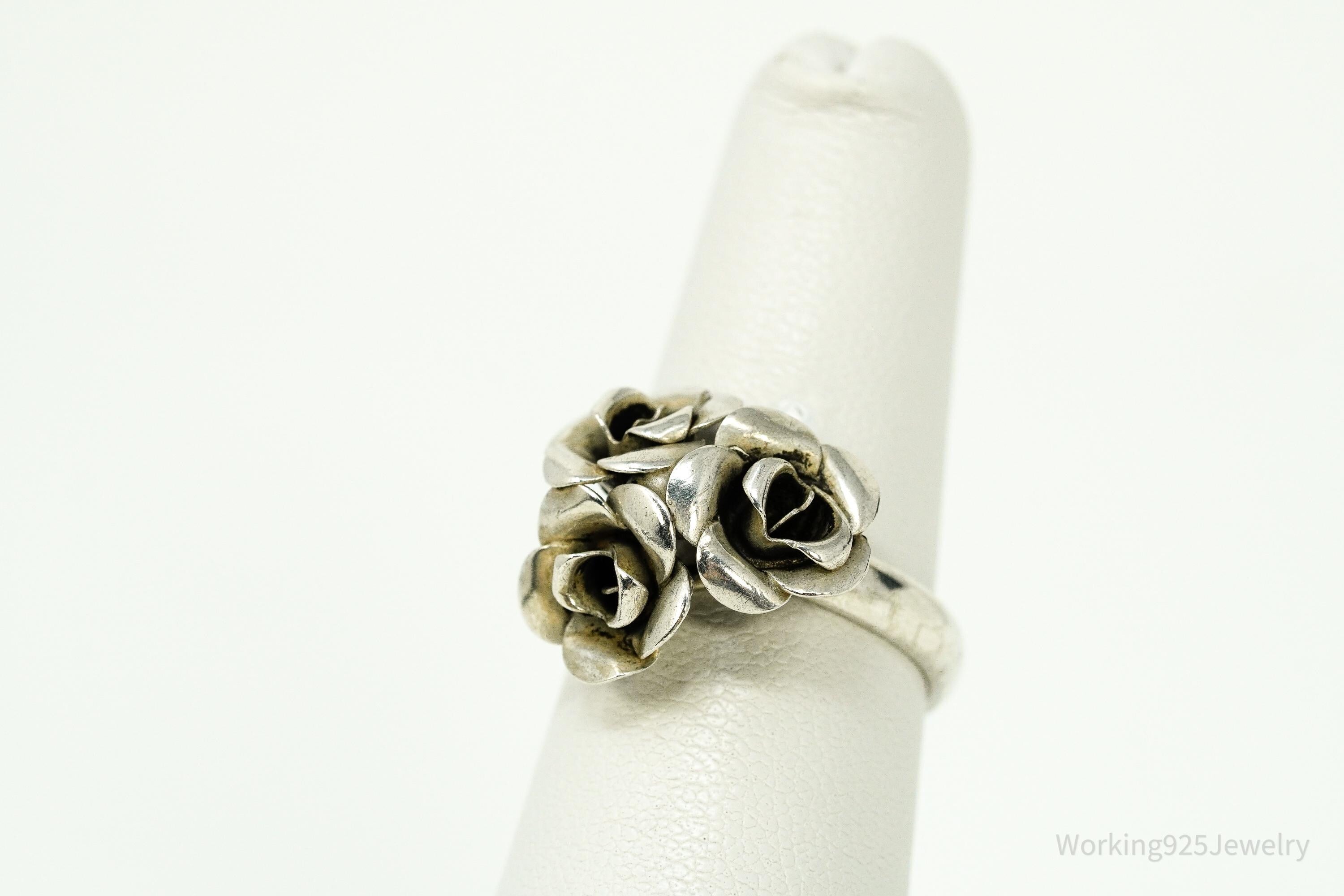 Vintage BEAU Flower Bouquet Adjustable Sterling Silver Ring - Size 6.75