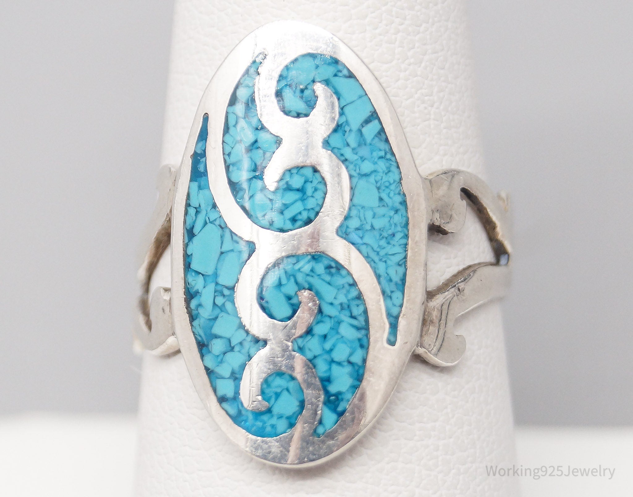 Vintage Turquoise Inlay Sterling Silver Ring - Size 8