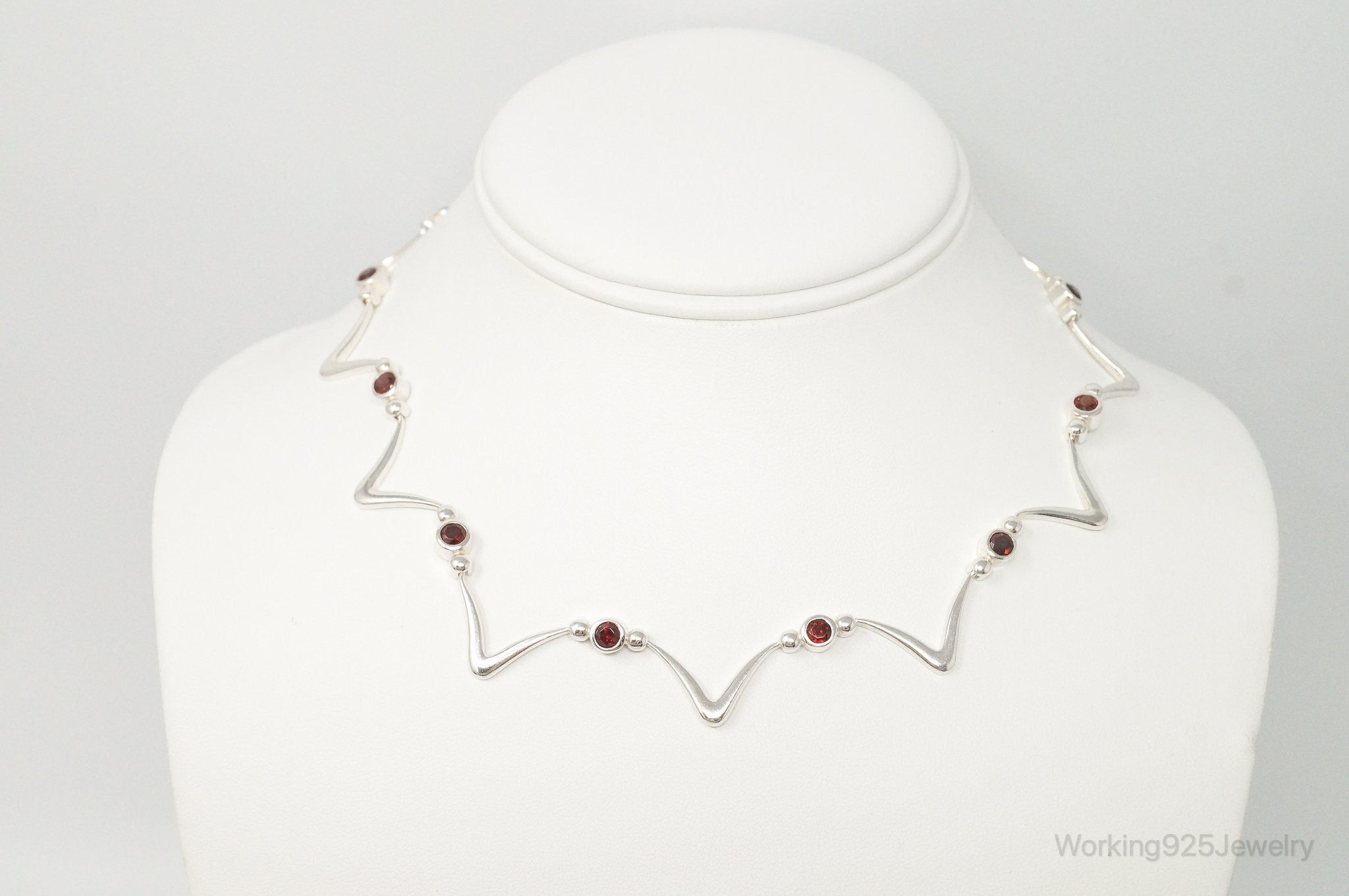 Vintage Modernist Style Garnet Sterling Silver Necklace