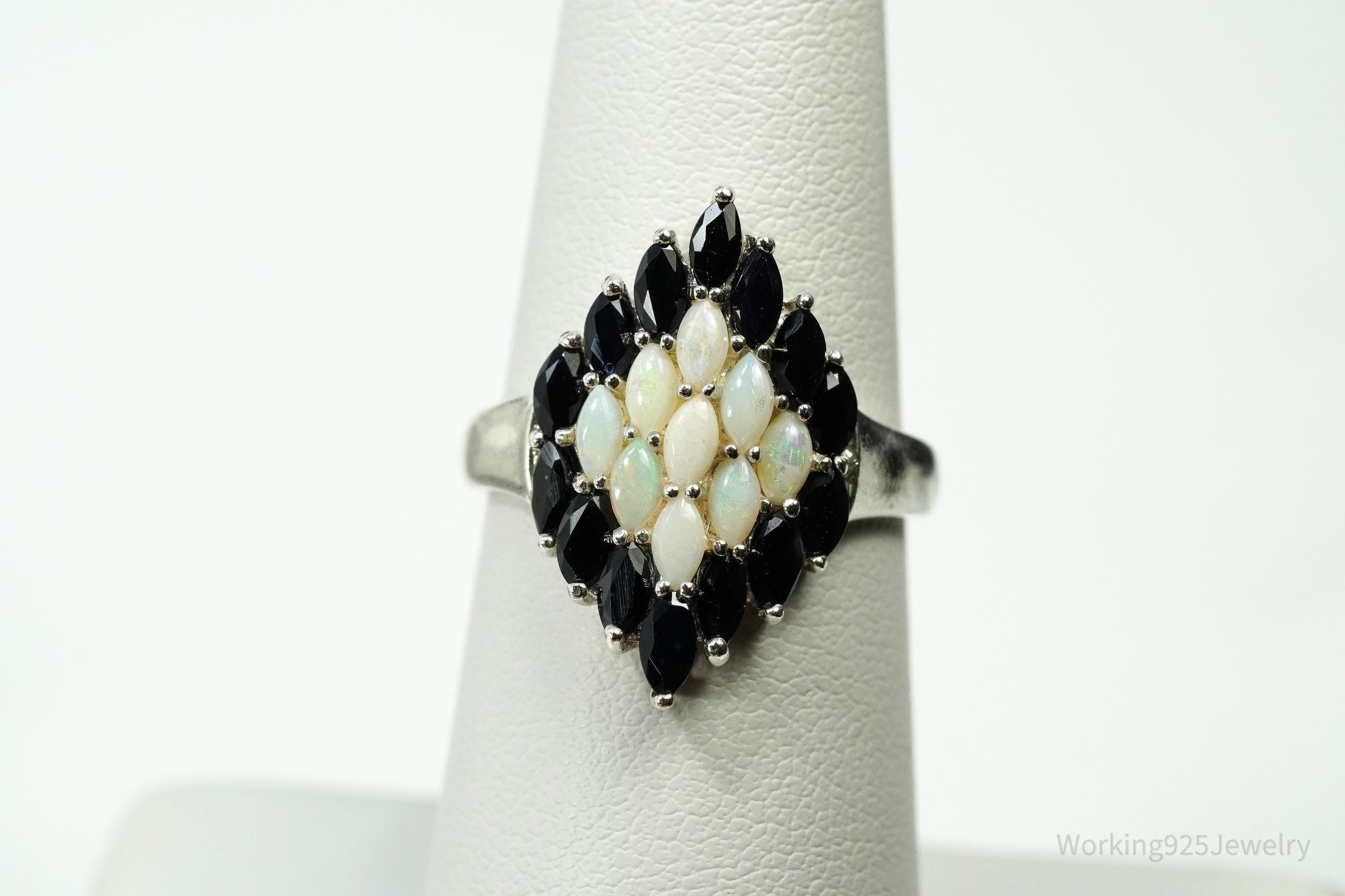 Vintage Opal & Blue Sapphire Sterling Silver Ring - Size 7