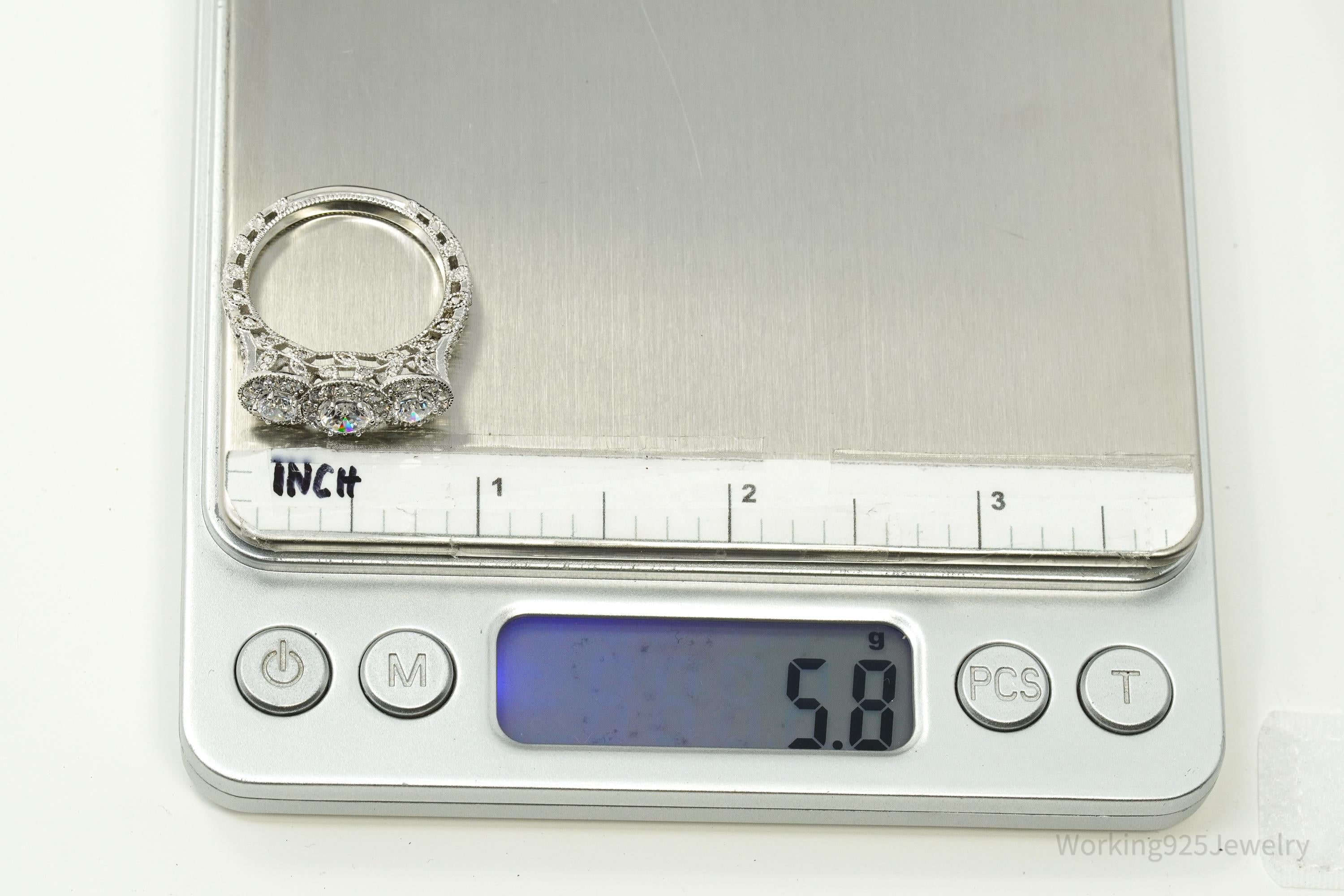 Designer STAUER Three Stone Halo Cubic Zirconia Sterling Silver Ring - Size 10