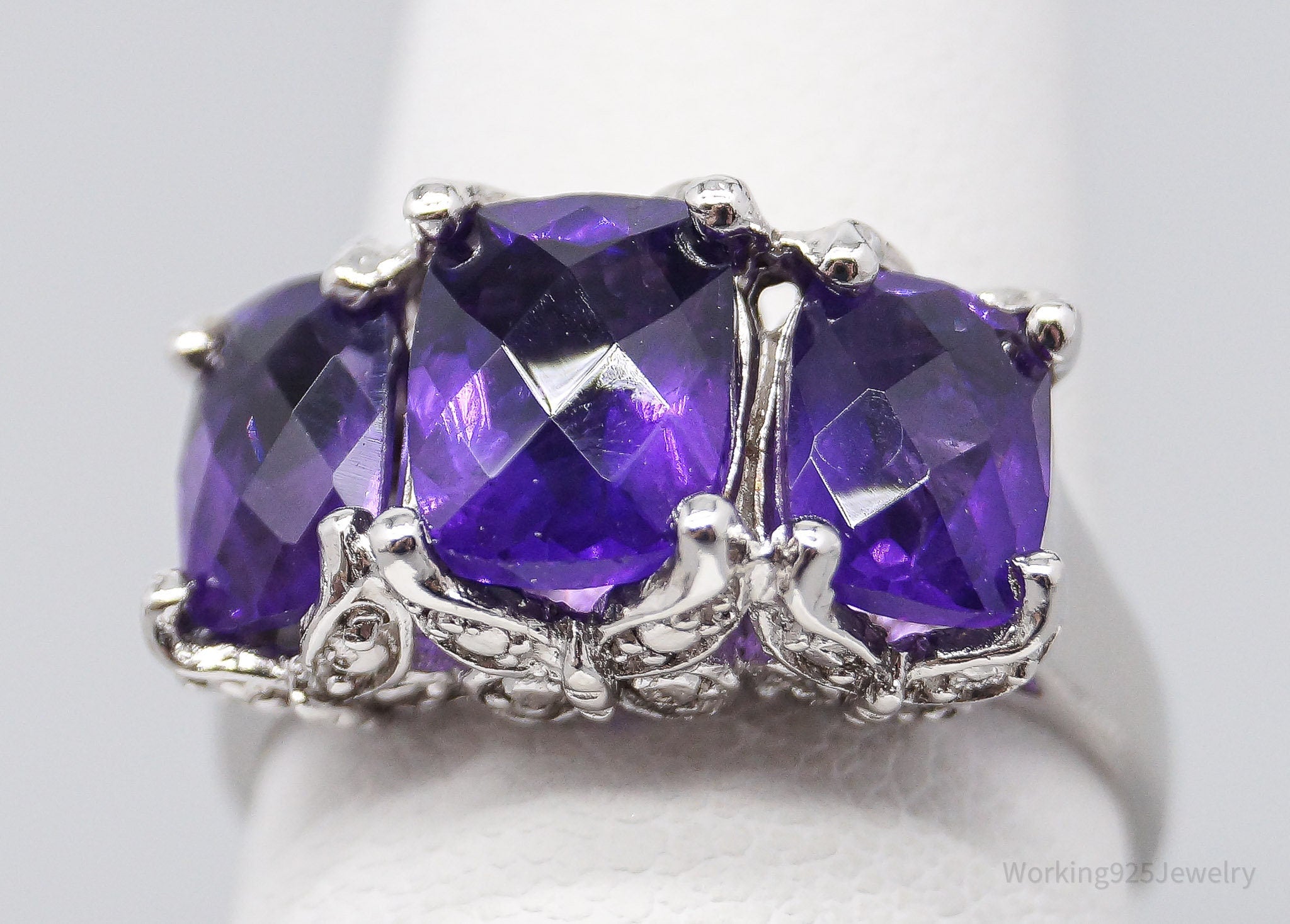 Vintage Designer HT Large Amethyst & Butterflies Sterling Silver Ring - Size 6