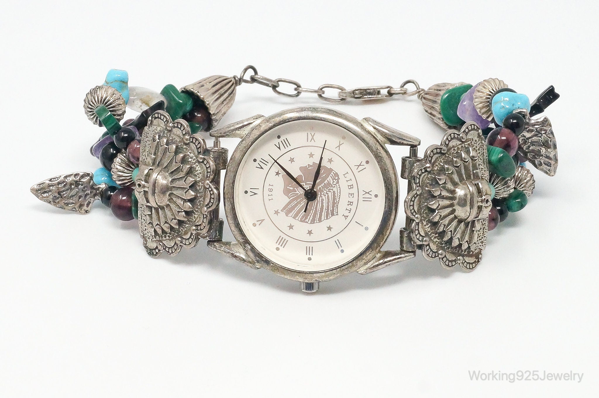 Vintage Native Style Multi Gem Liberty 1911 Behrouz Inc Sterling Silver Watch