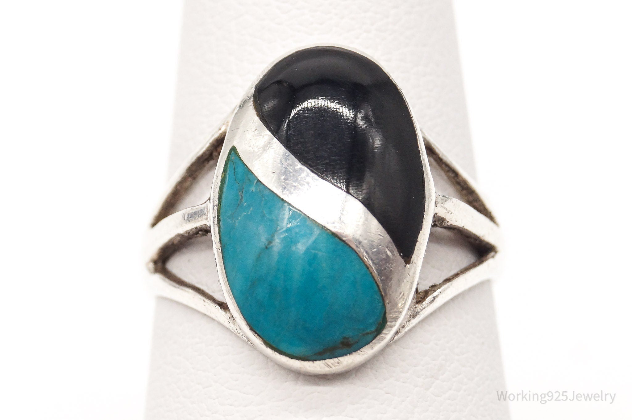 Vintage Turquoise Black Onyx Inlay Sterling Silver Ring - Size 6.75