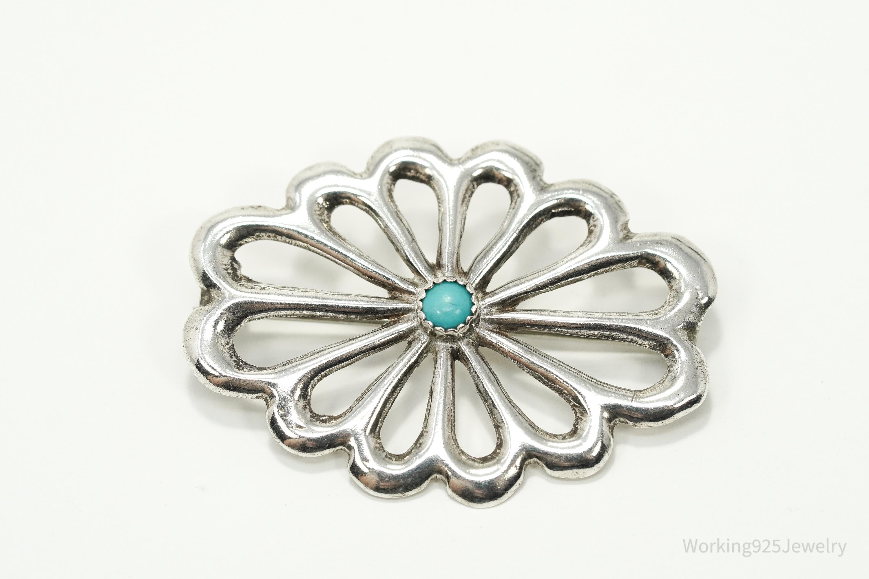 Vintage Native American Turquoise Silver Brooch Pin 1.5"