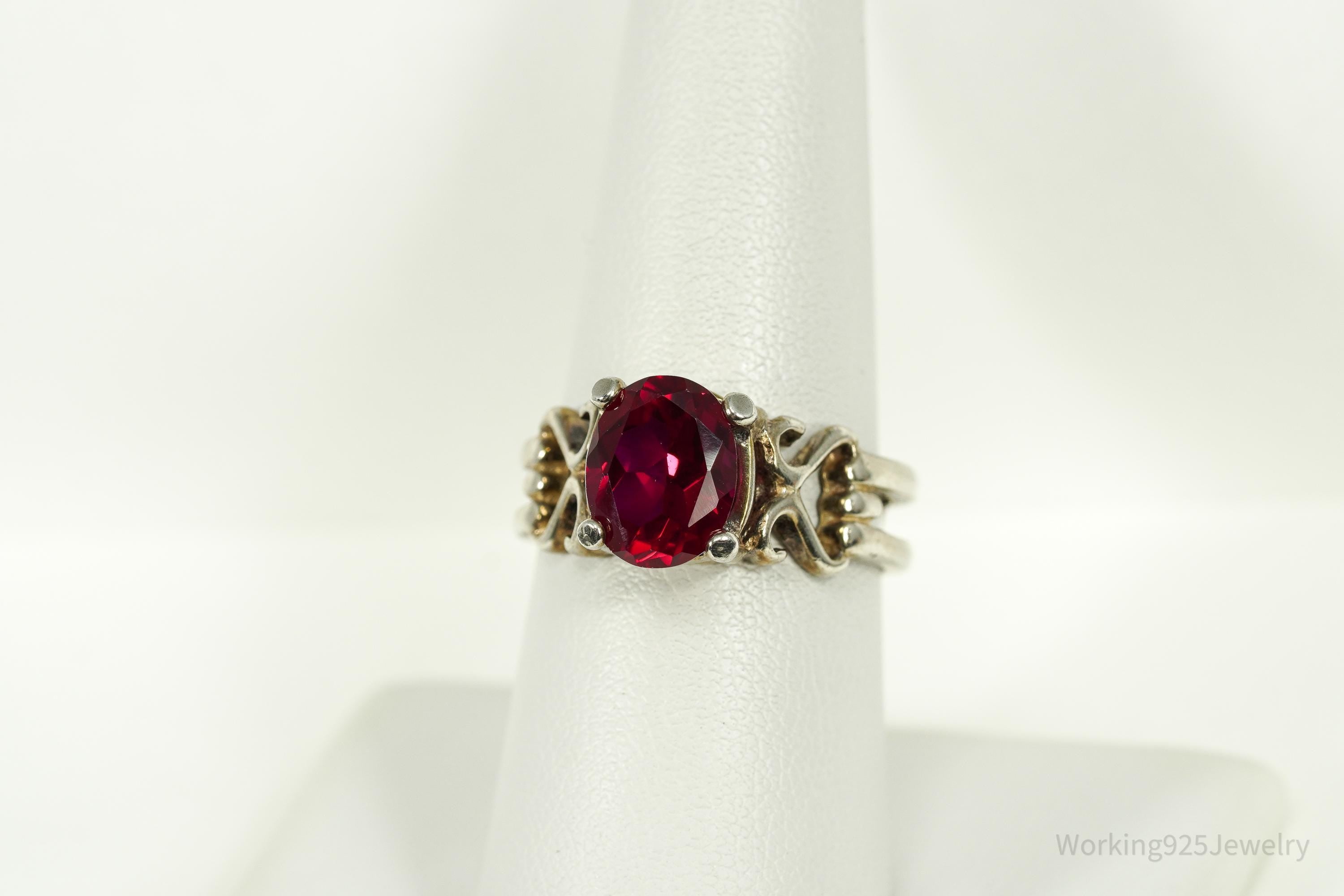 Vintage Lab Ruby Sterling Silver Ring - Size 8.25