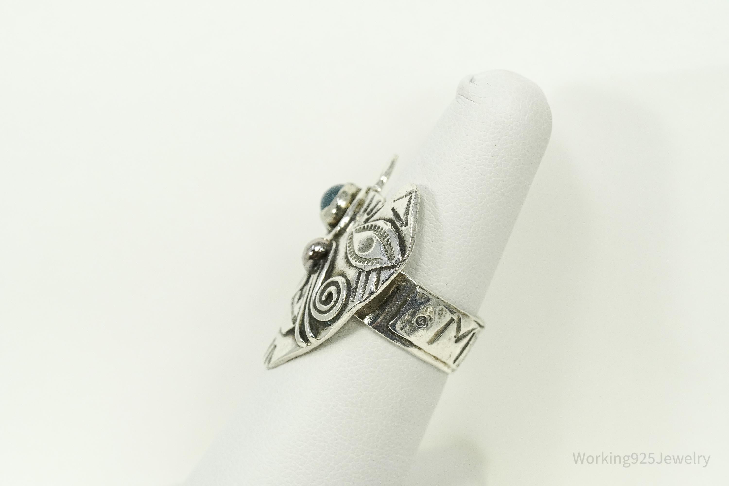 Vintage Large Cat Face With Evil Eye Motif Silver Ring - Size 7.5