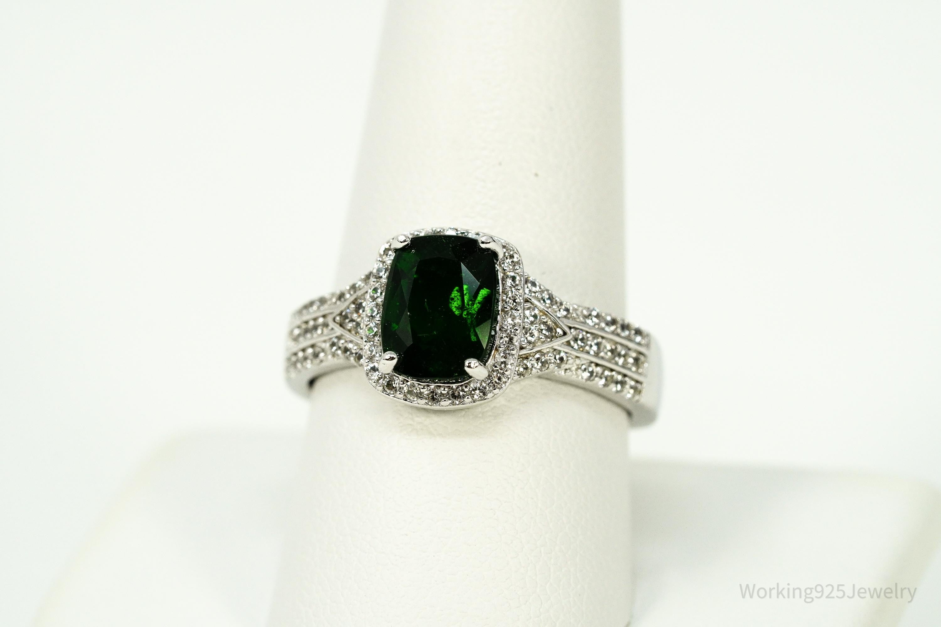 Vintage Emerald & White Topaz Sterling Silver Ring - Size 9.75