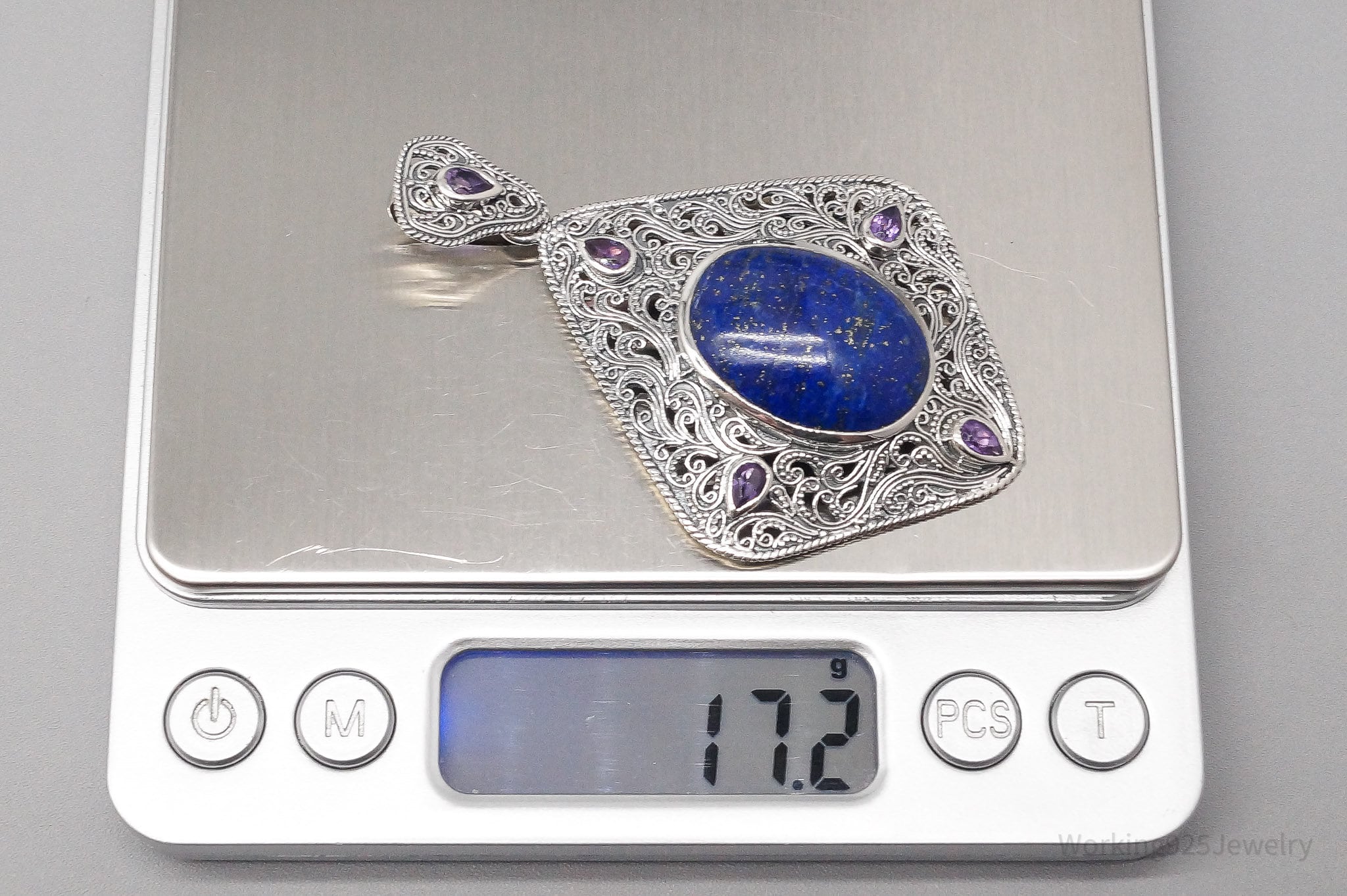 Vintage TGGC Large Lapis Lazuli Amethyst Filigree Sterling Silver Pendant