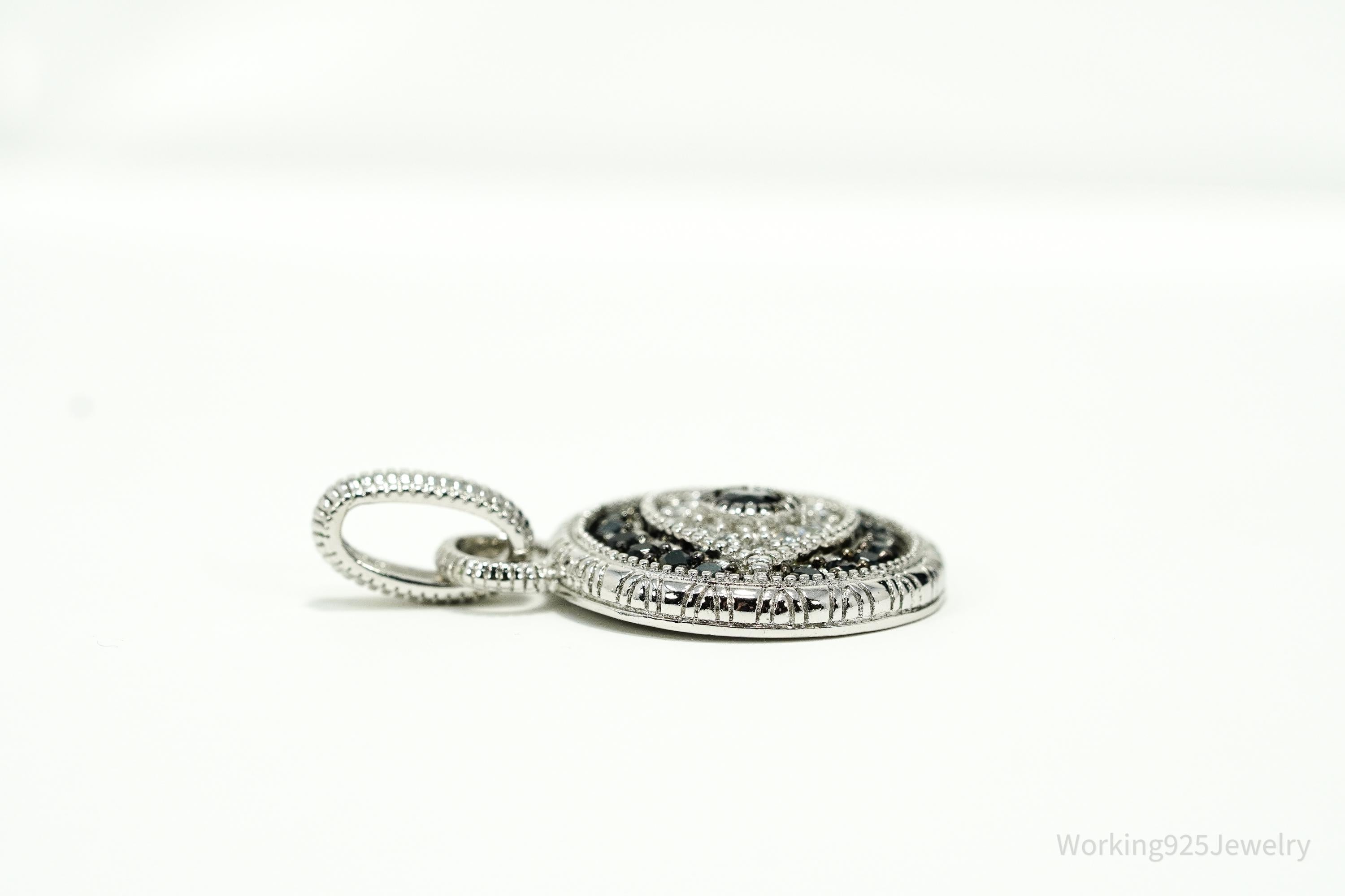Vintage Pave Black Spinel & Cubic Zirconia Evil Eye Sterling Silver Charm Pendant
