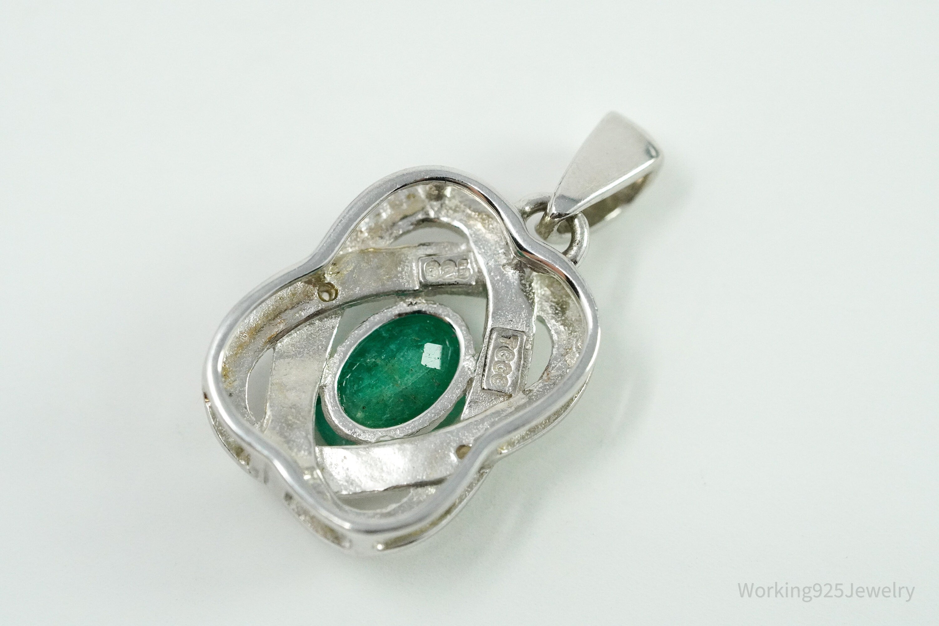 TGGC Emerald & Two Diamond Sterling Silver Necklace Pendant