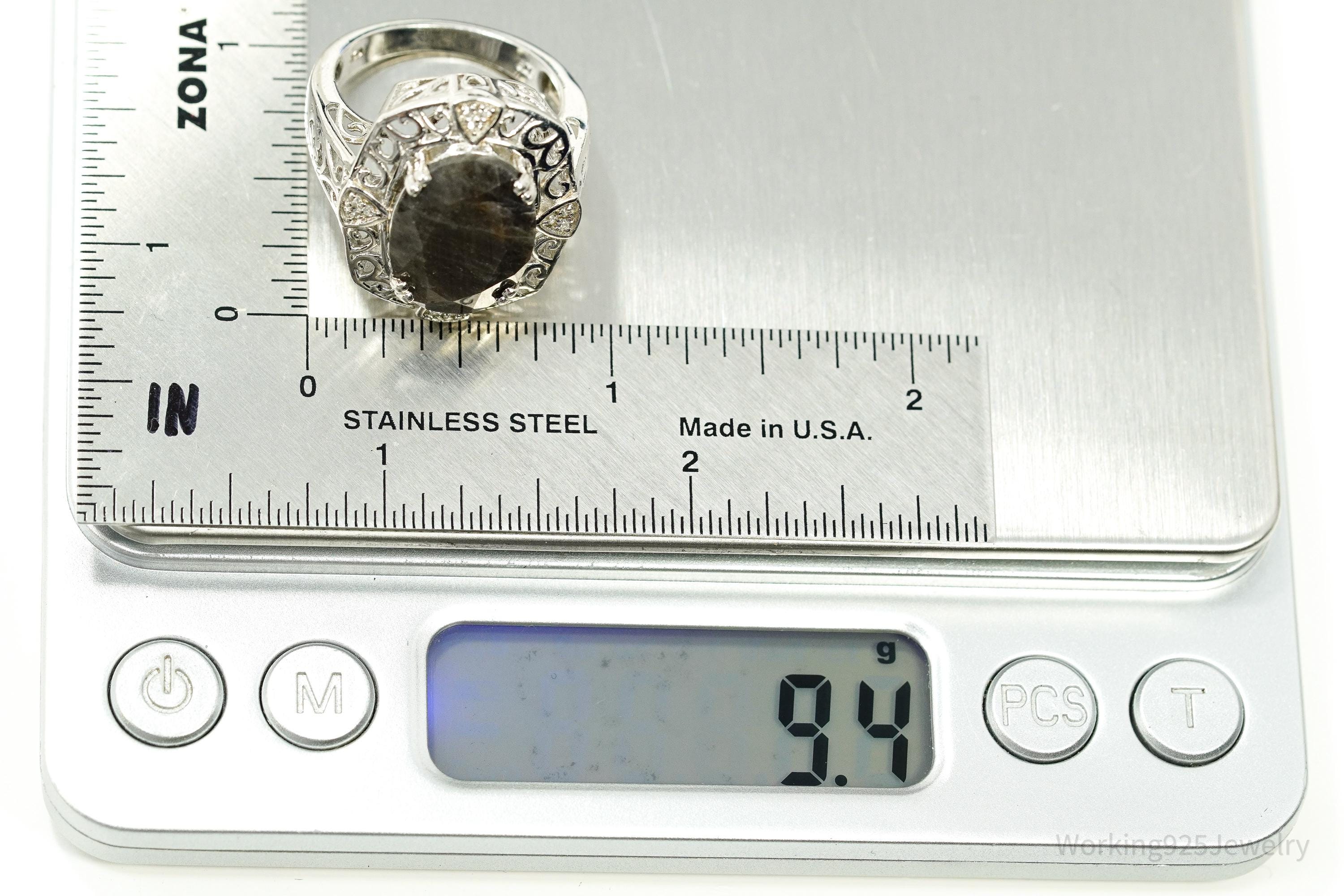 Vintage Grey Brown Stone & White Topaz Sterling Silver Ring - Size 9