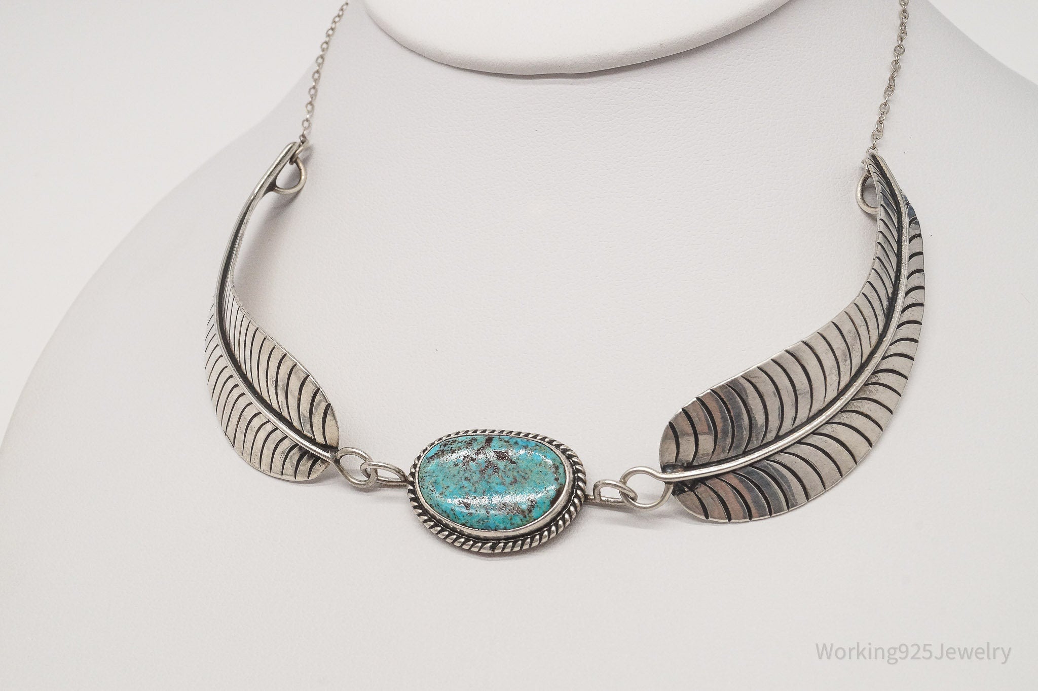 Vintage Native American J Hawk Turquoise Sterling Silver Necklace