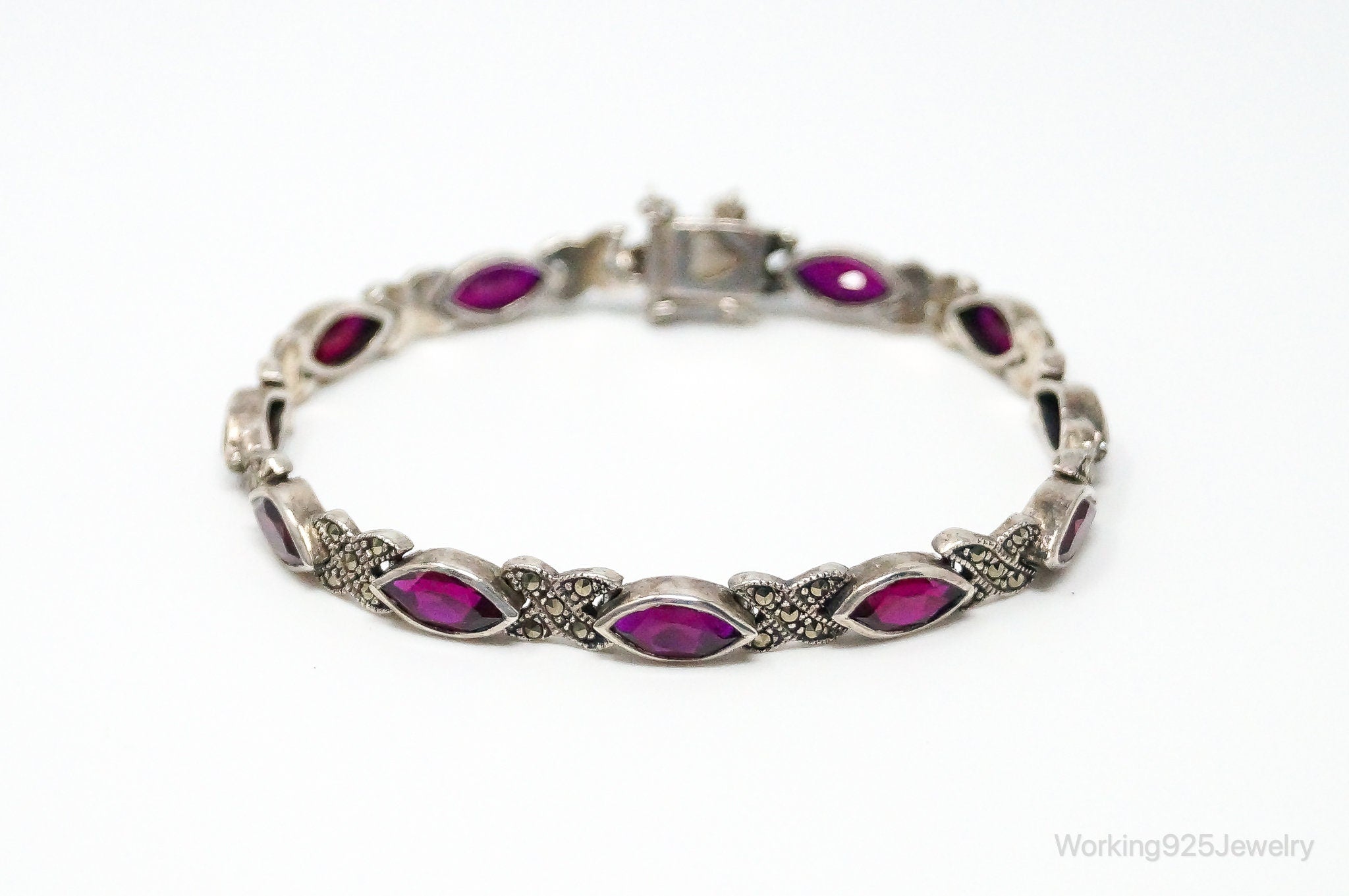 Vintage Rhodolite Garnet Marcasite Sterling Silver Bracelet