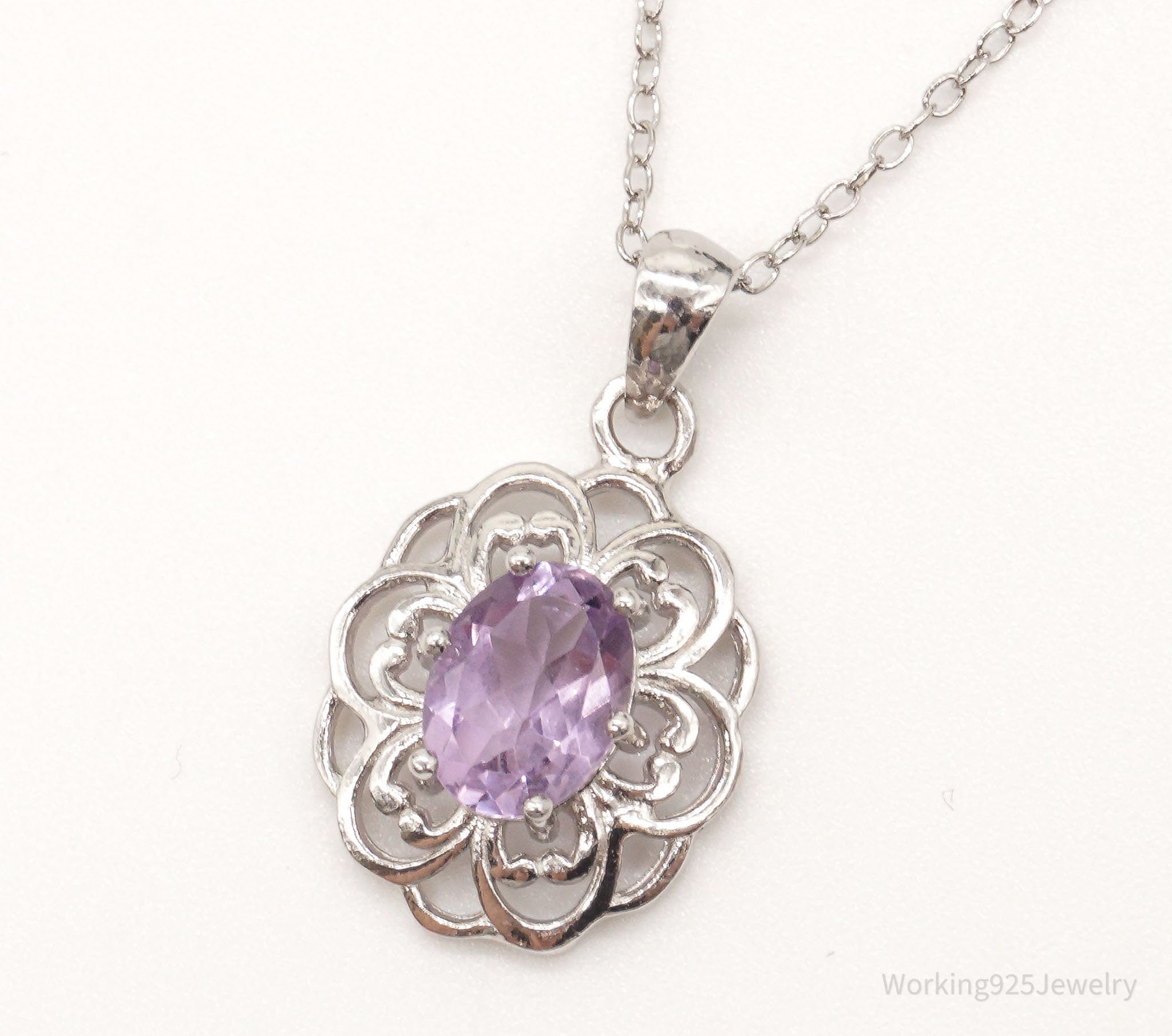 Vintage FAS Amethyst Flower Sterling Silver Chain Necklace