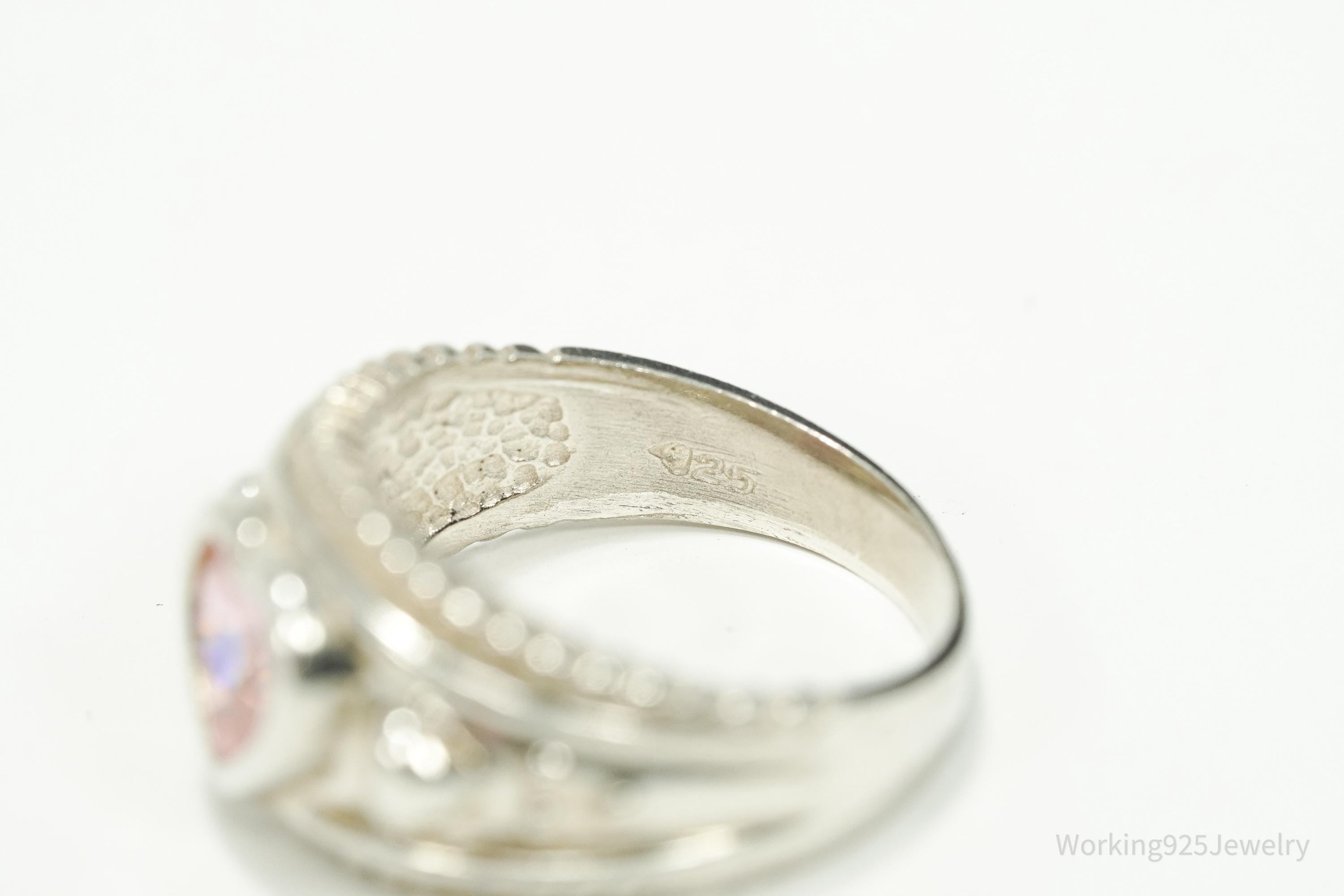 Vintage Pink Cubic Zirconia Heart Sterling Silver Ring - Size 7