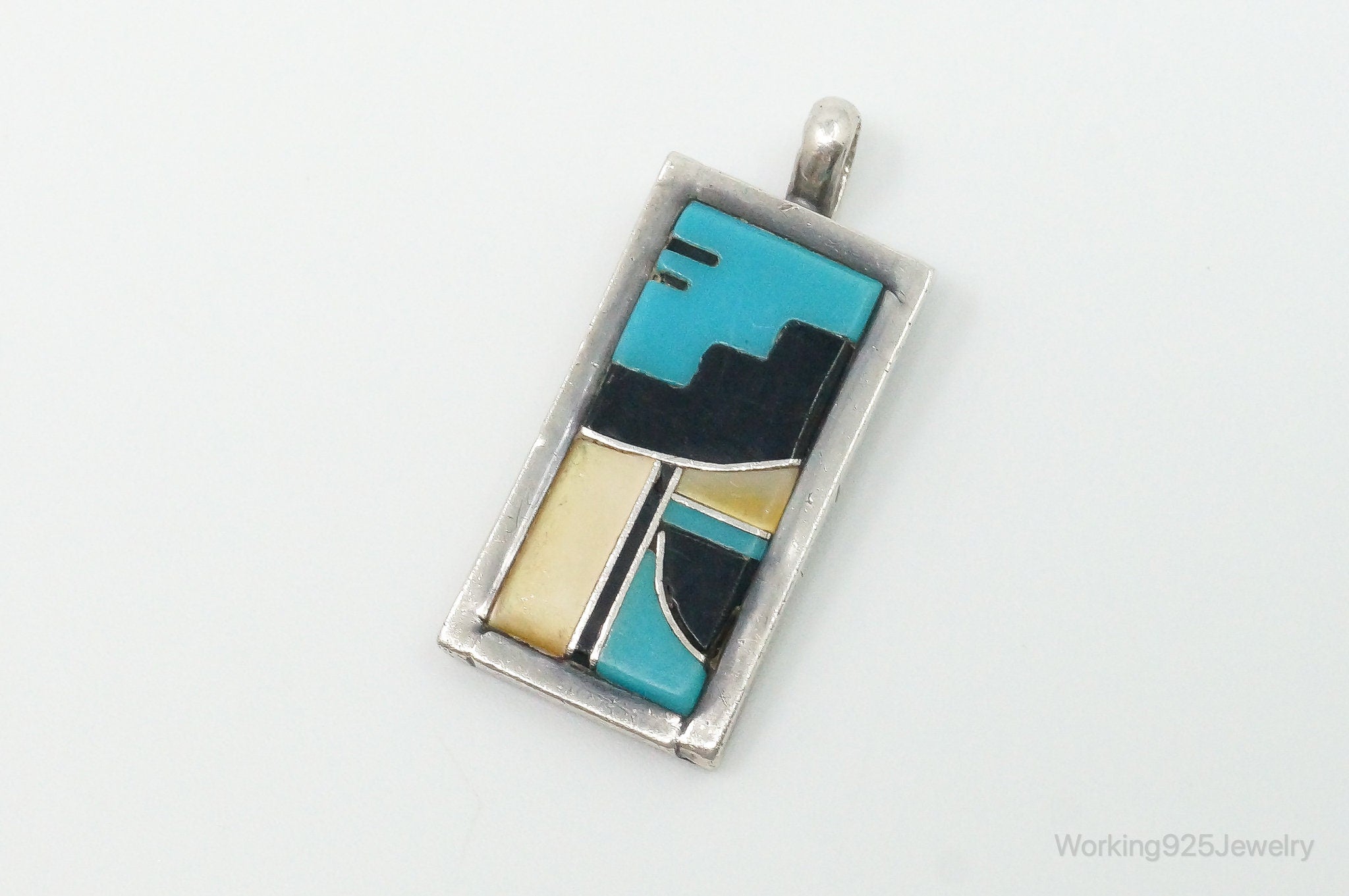 Vintage Native American Multi Gem Inlay Sterling Silver Pendant